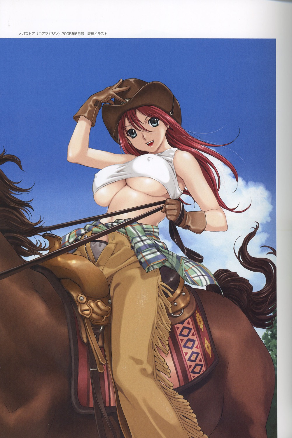 1girls breasts cow_girl cowboy_hat erect_nipples farmgirl female female_only happoubi_jin hat highres horse huge_breasts nipples rule34 shitapai solo underboob western