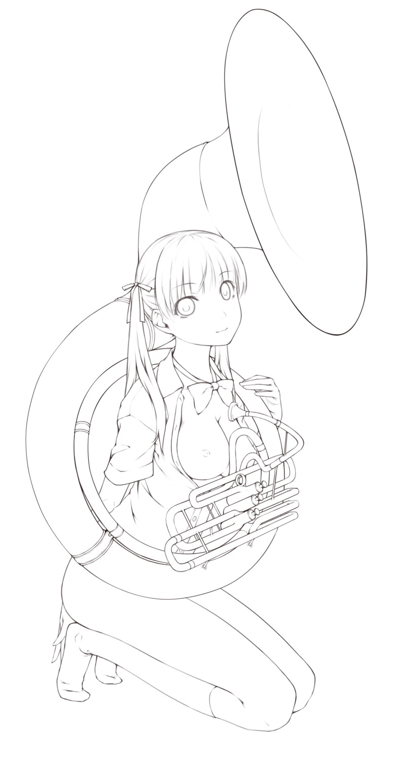 1girls 2d breasts character_request female female_only footwear hair_ribbon highres instrument kneehighs kneeling legs line_art long_hair looking_at_viewer monochrome nipples no_bra ooji open_clothes open_shirt original ribbon shirt smile smiling_at_viewer socks solo sousaphone straight_hair tied_hair tuba twintails uncensored white_background