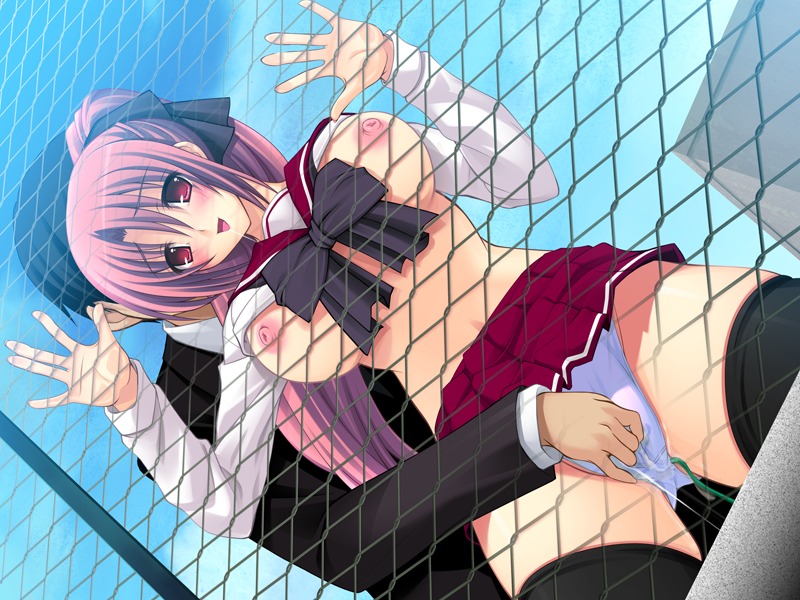 black_legwear black_thighhighs blush bow breast_press breasts chainlink_fence clothing dutch_angle egg_vibrator female fence fingering game_cg hair_ribbon hair_ribbons happy_sex kirihara_mana large_breasts long_hair midriff miniskirt mishiro_aya mizuhara_yuu nipples no_bra open_mouth panties pantyshot pink_eyes pink_hair ponytail public_vibrator pussy pussy_juice red_eyes ribbon ribbons rule34 school_uniform serafuku shirt shirt_lift skirt stockings temptation temptation_h temptation_naked thighhighs tied_hair underwear vibrator white_panties zettai_ryouiki