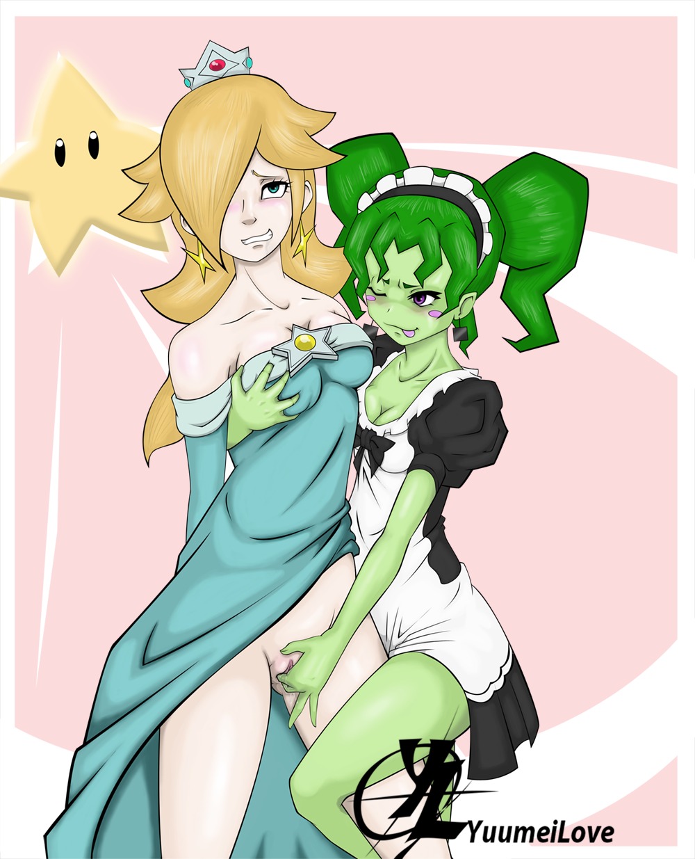 2d female green-skinned_female green_skin human luma maid maid_outfit mario_(series) mimi_(super_paper_mario) multiple_females multiple_girls nintendo paper_mario princess_rosalina pussy rule34 super_mario_galaxy super_paper_mario vaginal_masturbation yuri yuumeilove