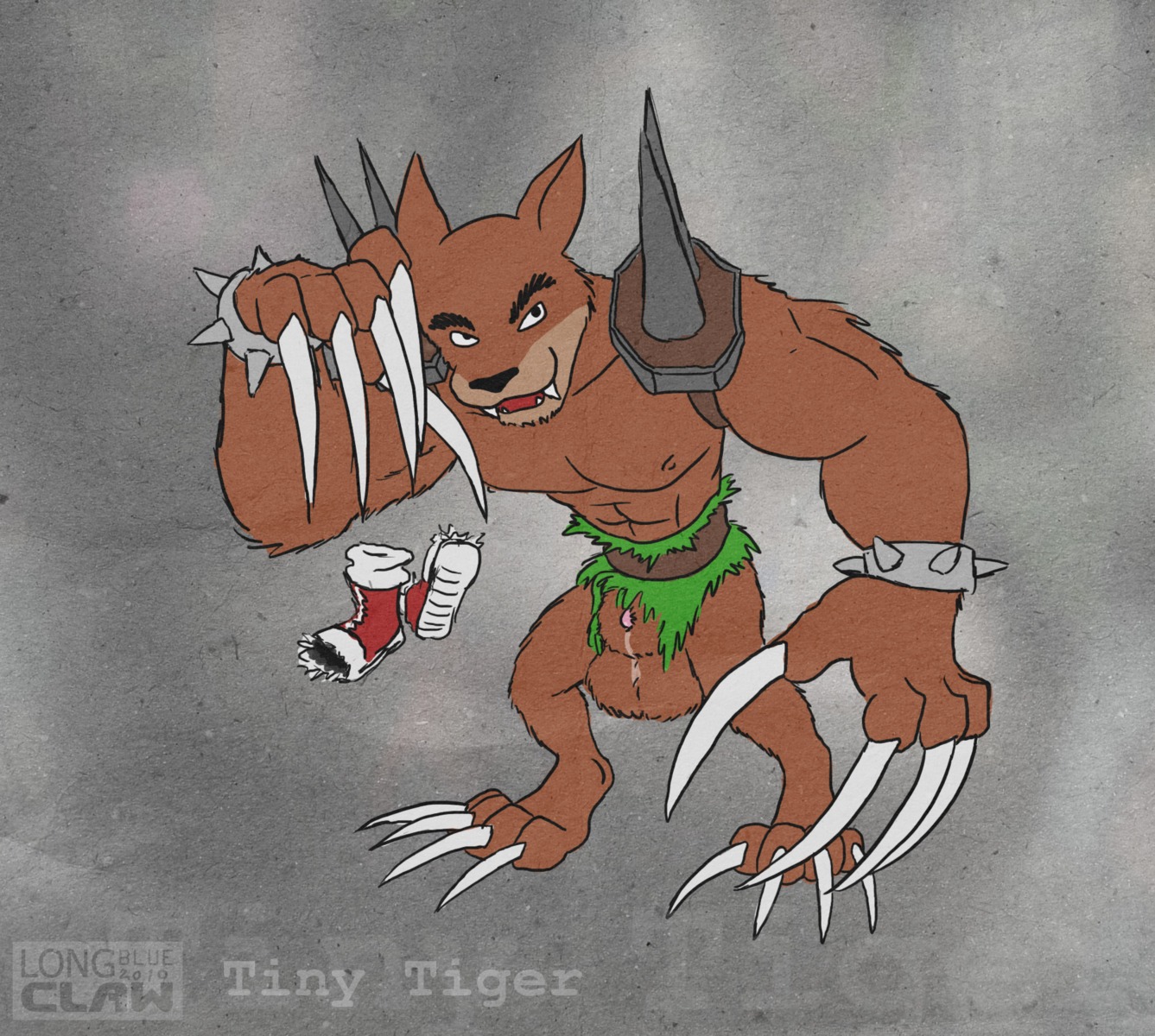 4_toes activision animal_genitalia anthro armor biceps big_muscles biped claws clothed clothing crash_bandicoot_(series) dasyuromorph digital_media_(artwork) e621 fangs feet footwear fur genitals hi_res long_claws longblueclaw male mammal marsupial muscular muscular_anthro muscular_male orange_body orange_fur penis penis_tip recently_extinct_species sheath shoes simple_background solo spikes teeth thylacine tiny_tiger toe_claws toes topless