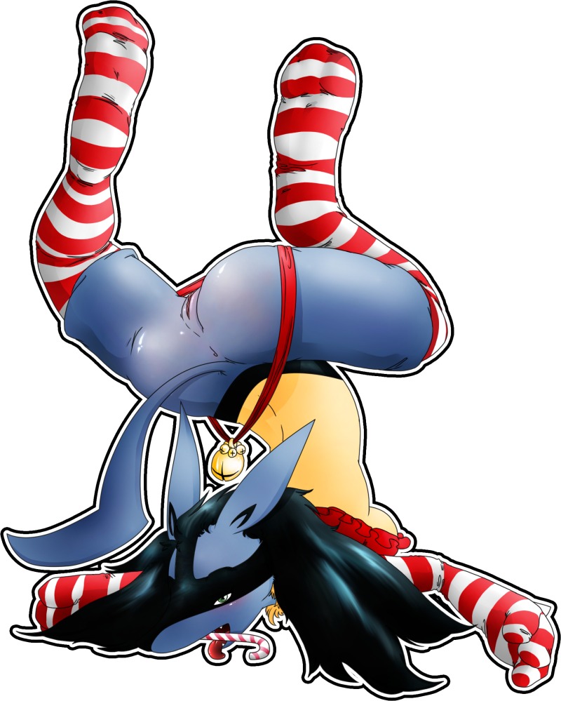 anthro anus ass blue_fur candy_cane clothes color female female_only fur furry lucario pokemon pokemon_(species) pussy rule34 solo tagme upside-down