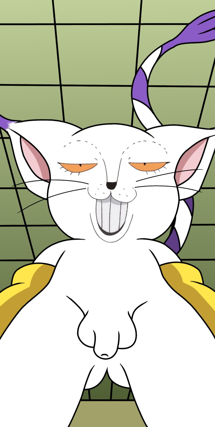 balls bandai_namco betsumon butt butt_from_the_front creepy digimon digimon_(species) e621 felid feline felis flaccid gatomon genitals hi_res looking_at_viewer male mammal nightmare_fuel nude open_mouth penis rape_face smile solo tail teeth unknown_artist why
