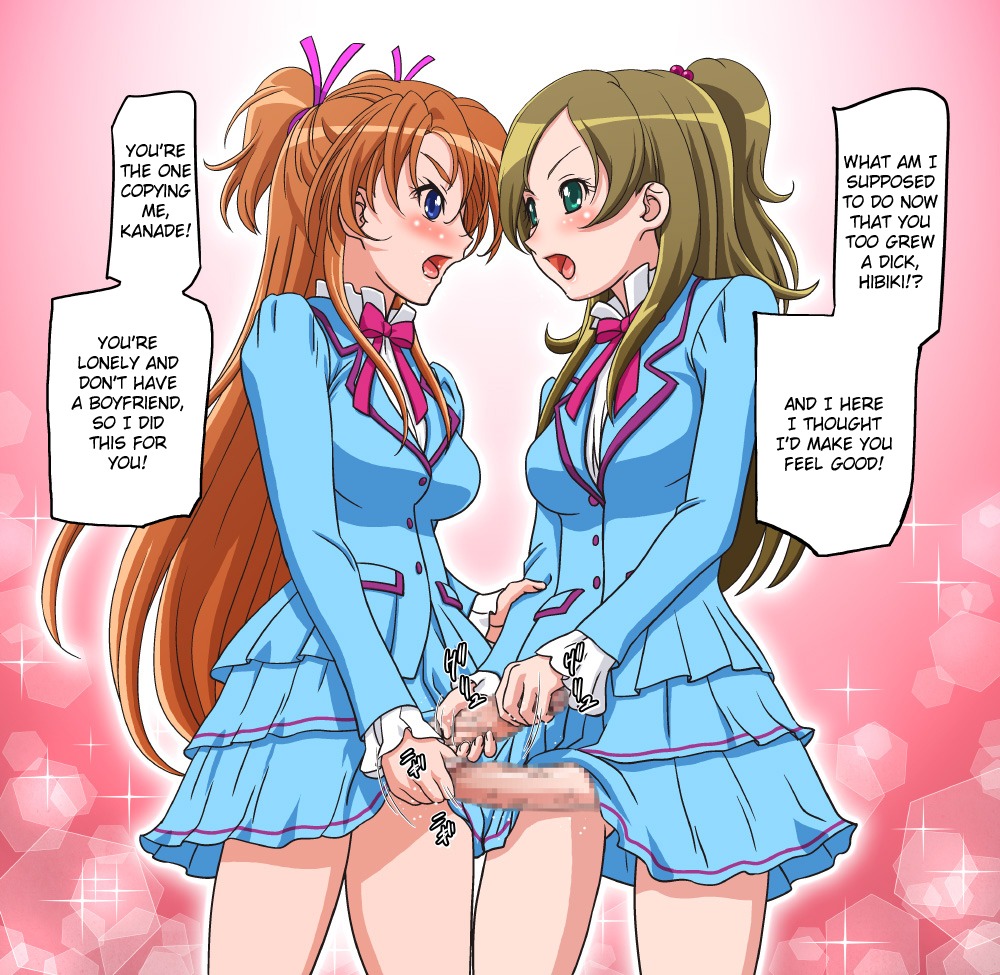 blue_eyes blush breasts censored clothing crossover futa_on_futa futa_with_futa futanari green_eyes handjob hard_translated houjou_hibiki intersex kousaka_jun long_hair minamino_kanade no_panties open_mouth penis precure pretty_cure rule34 skirt small_breasts suite_precure translated tsundere