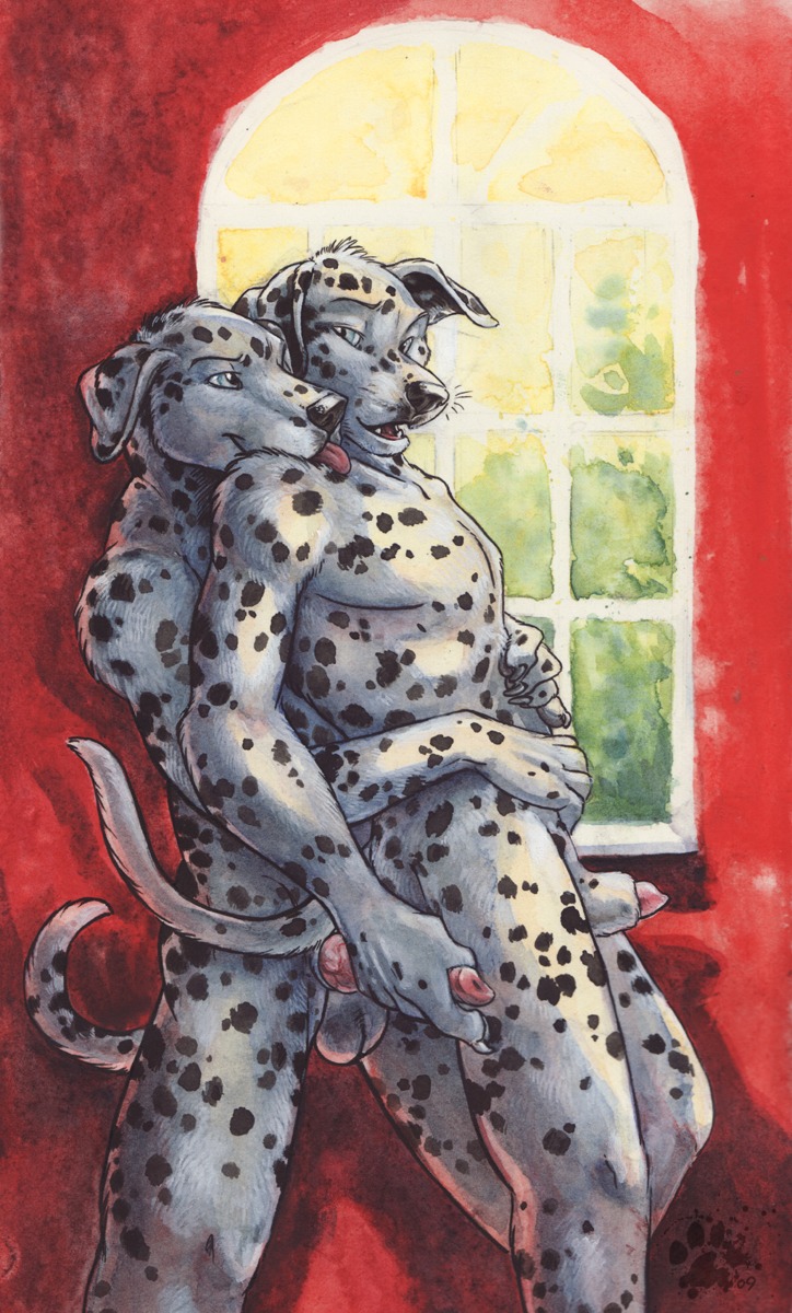2009 animal_genitalia animal_penis anthro balls blotch blue_eyes canid canine canine_genitalia canine_penis canis cuddling dalmatian detailed_background domestic_dog duo e621 erection floppy_ears fondling fur genitals handjob hi_res knot licking lipsticking male male/male mammal nude penile penis penis_tip romantic romantic_couple scratches_volume_3 sex sheath side_view spots tail tongue tongue_out traditional_media_(artwork) white_body white_fur window