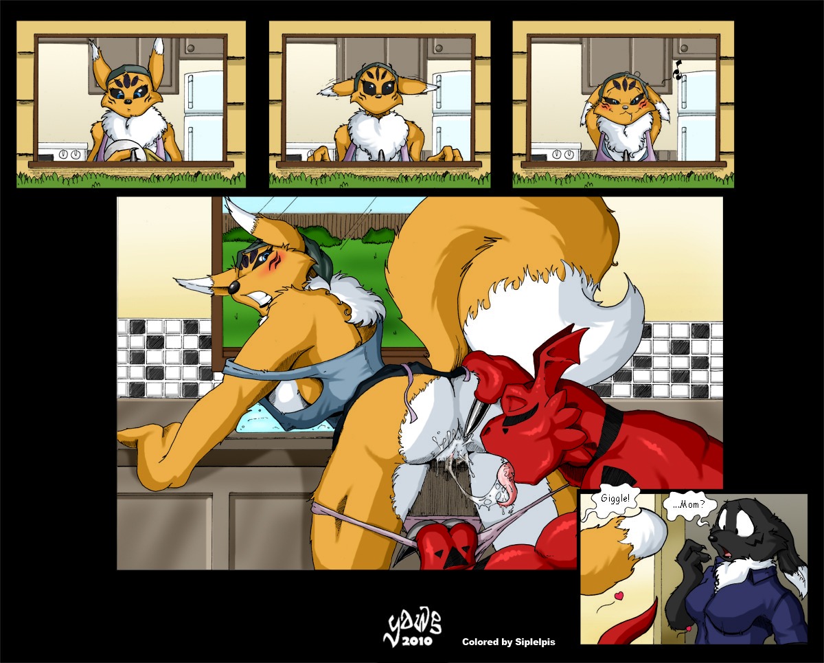 2010 anthro bandai_namco being_watched black_body black_fur black_sclera blue_clothing blue_shirt blue_topwear blush bodily_fluids breasts canid canine caught_in_the_act chest_tuft clothed clothing comic crovirus cunnilingus digimon digimon_(species) dipstick_tail duo_focus e621 fan_character female fur genital_fluids genitals gilbert_(tomierlanely) group guilmon heart_symbol interspecies iris_(tomierlanely) kitchen looking_at_another male male/female mammal markings mature_anthro mature_female mother_(lore) oral panties panties_down parent_(lore) partially_clothed red_body red_scales renamon scales scalie sex shirt shocked tail tail_markings tank_top taomon tomierlanely tongue topwear tuft underwear underwear_down vaginal vaginal_fluids vulva walk-in white_body white_fur xiu_(tomierlanely) yawg yellow_body yellow_fur