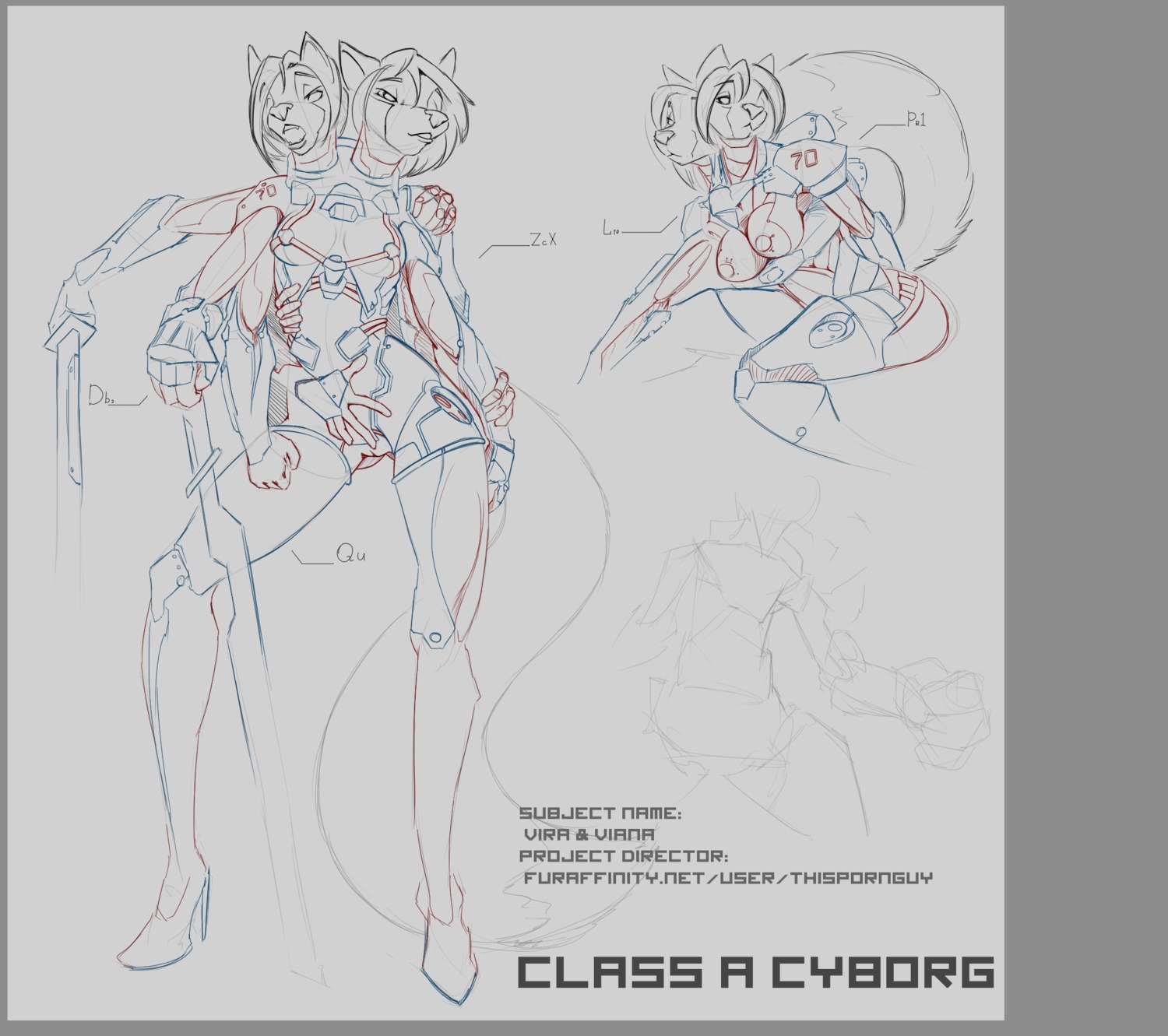 2_heads anthro biped border breasts canid canine clothing conjoined conjoined_twins cybernetics cyborg e621 female footwear fox genitals grey_border hi_res high_heels knife machine mammal melee_weapon multi_head multi_limb multiple_angles shoes sketch solo sword thispornguy vira_and_viana_(fox_xd) vulva weapon