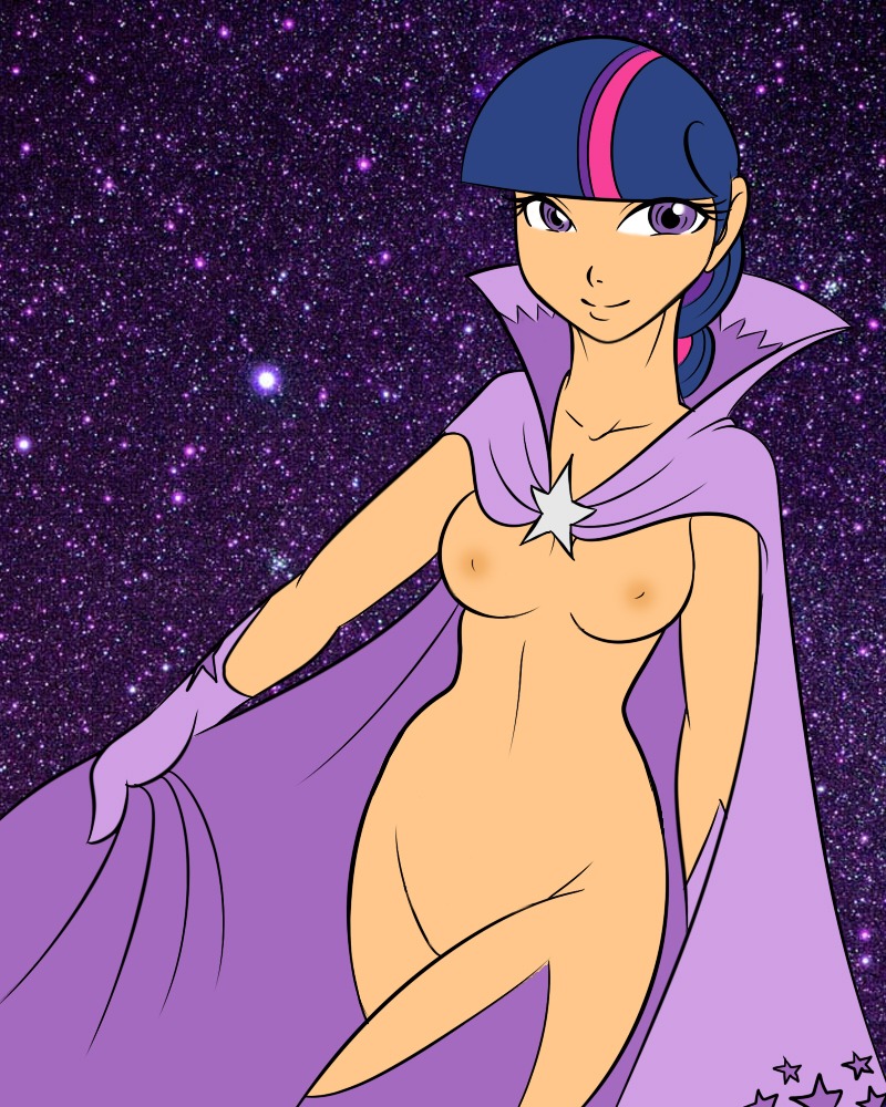 blue_hair breasts cape female female_only friendship_is_magic front_view gloves human human_only humanized long_hair mostly_nude multicolored_hair my_little_pony navel pale_skin purple_eyes purple_gloves purple_hair rule34 smile smooth_skin solo standing star tagme twilight_sparkle_(mlp)