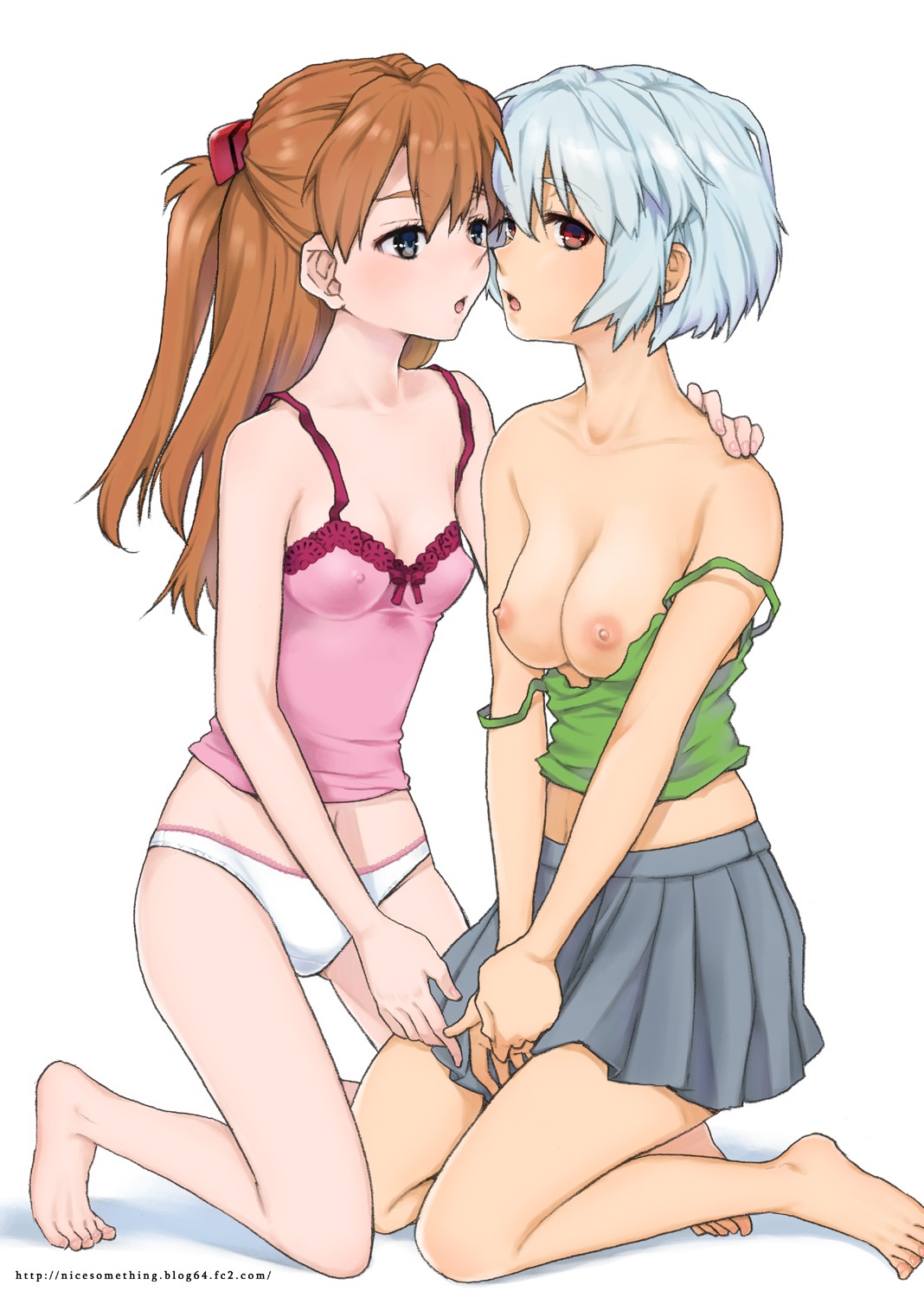 2girls asuka_langley_sohryu bare_shoulders barefoot blue_hair breasts clothing erect_nipples erect_nipples_under_clothes feet female female_only hair hands highres human legs long_hair medium_breasts multiple_females multiple_girls neon_genesis_evangelion nipples panties rei_ayanami rule34 short_hair skirt t-ihn underwear yuri