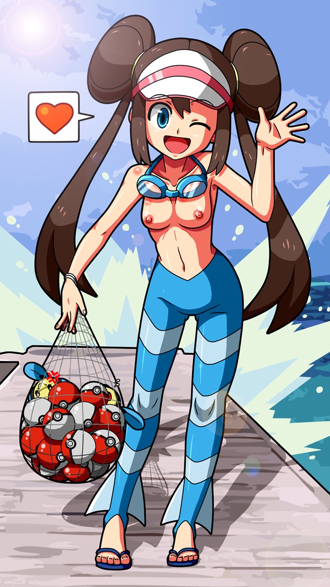 blue_eyes breasts brown_hair cosplay female female_only fishnet gym_leader_(cosplay) highres human marlon_(pokemon)_(cosplay) poke_ball pokeball pokemon pokemon_bw2 rorretsim rosa_(pokemon) rule34 sandals shizui solo tympole