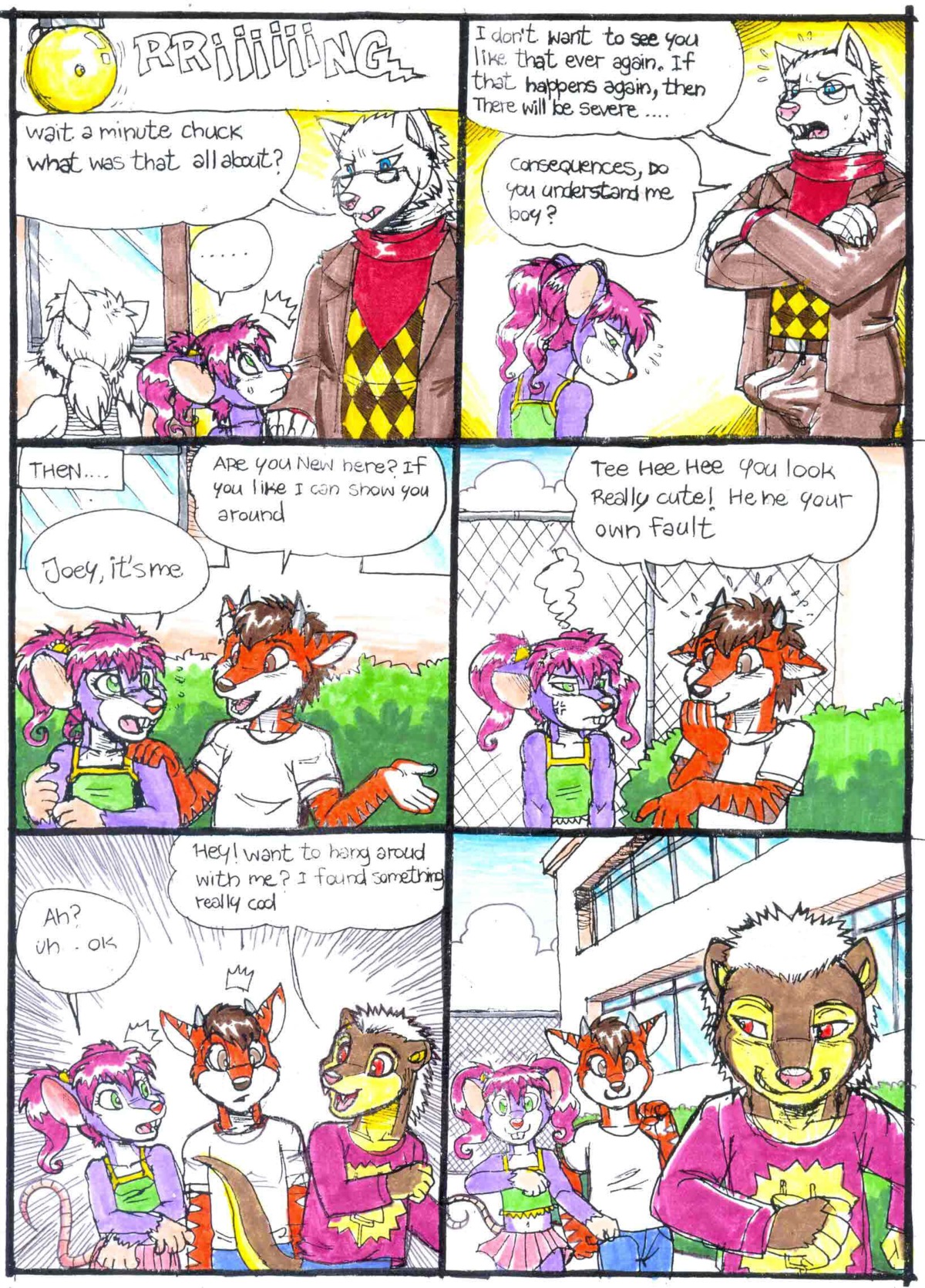 2013 angry anthro bell blue_eyes blush brown_eyes brown_hair bulge canid canine canis chuck_(netreek) clothed clothing comic crossdressing deer dialogue e621 english_text erection erection_under_clothing eyewear femboy genitals glasses green_eyes group hair hi_res male mammal mariano mouse murid murine mustelid purple_hair rodent tail teacher text traditional_media_(artwork) white_hair wolf young young_anthro
