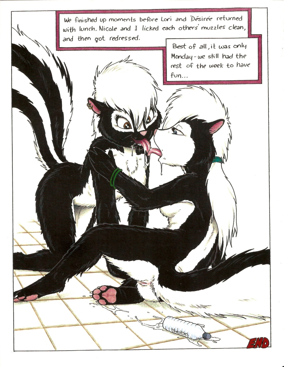 4_toes absurd_res anthro anus blue_eyes breasts brown_eyes claws duo e621 ear_piercing english_text feet female female/female genitals hi_res hindpaw james_m_hardiman kissing licking licking_tongue mammal markings mephitid nicole_(jmh) nude onyx_(jmh) pawpads paws piercing pink_pawpads side_boob skunk soles striped_markings striped_tail stripes tail tail_markings text toes tongue tongue_out vulva
