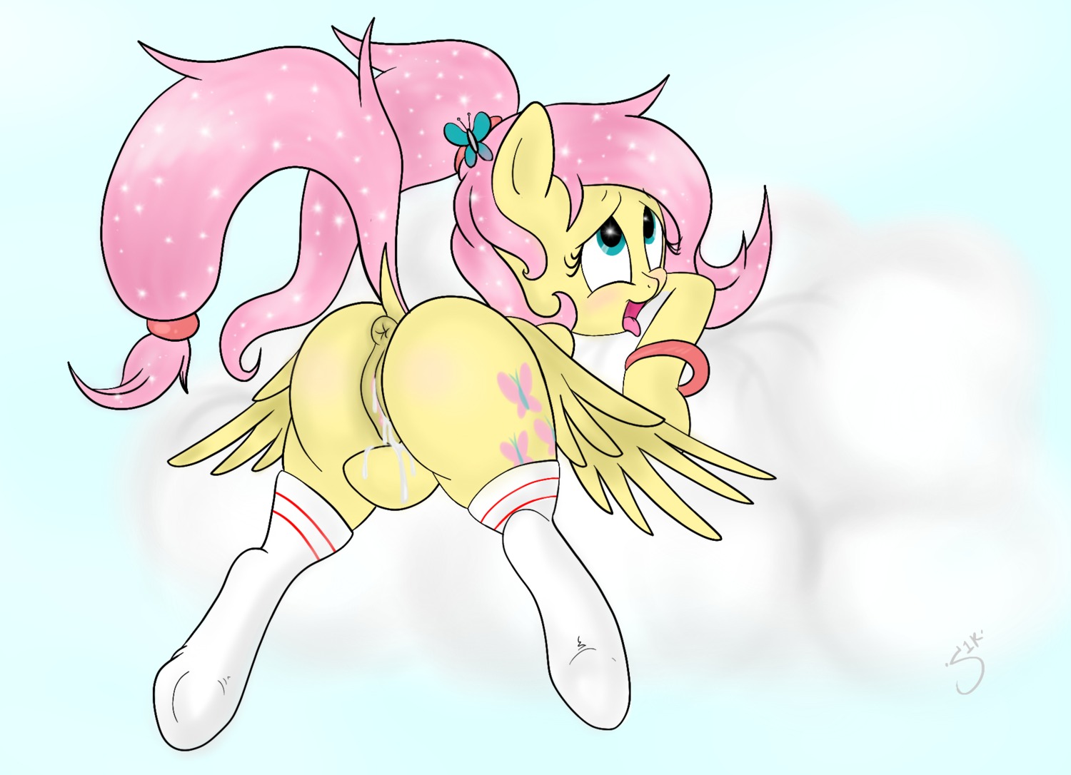 accessory anus blue_eyes blush bodily_fluids butterfly_clip clitoris clothing cloud e621 equid equine feathered_wings feathers female feral fluttershy_(mlp) footwear friendship_is_magic fur genital_fluids genitals hair hair_accessory hairclip hasbro hi_res hooves legwear long_hair lying mammal masturbation my_little_pony mythological_creature mythological_equine mythology on_front open_mouth pegasus pink_hair ponytail raised_tail silveronekunai socks solo tail tongue tongue_out vaginal vaginal_fluids vaginal_masturbation vulva wings wristband yellow_body yellow_feathers yellow_fur