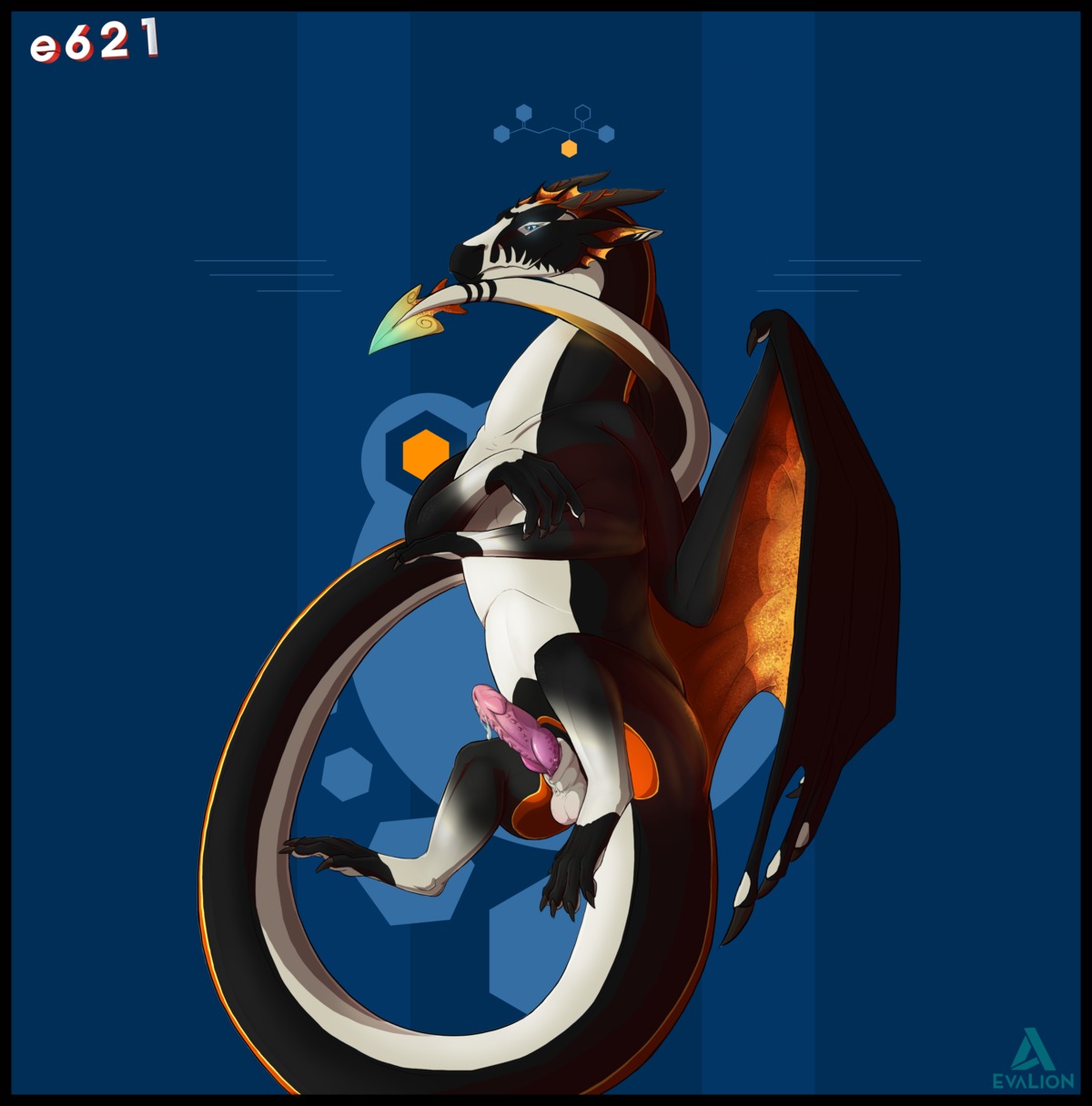 2013 abstract_background absurd_res balls black_body black_border black_scales blue_background blue_eyes bodily_fluids border claws dragon e621 erection evalion feral genital_fluids genitals glowing glowing_eyes hi_res horn huge_filesize knot male mascot membrane_(anatomy) membranous_wings mirage_(evalion) multicolored_body multicolored_scales mythological_creature mythological_scalie mythology non-mammal_balls orange_body orange_scales penis precum scales scalie simple_background smaller_version_at_source smile solo tail text toe_claws watermark white_balls white_body white_scales wings