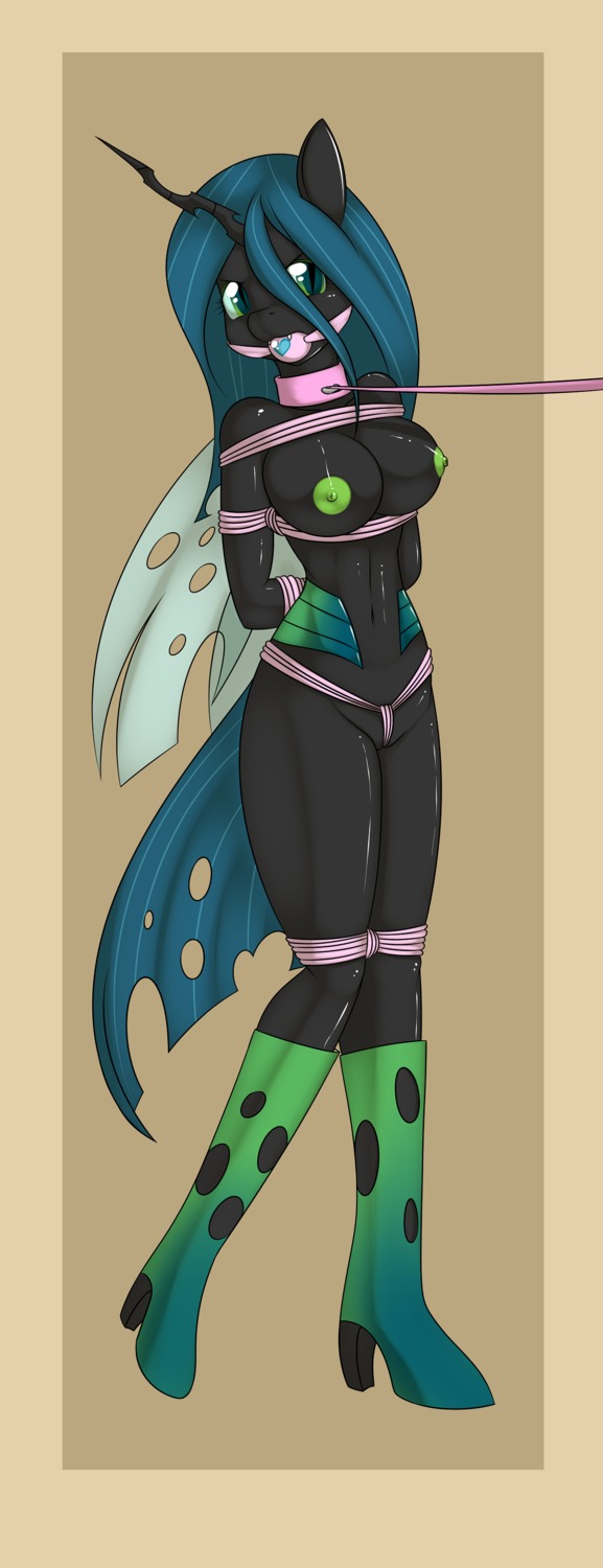 2012 absurd_res anthro anthrofied arthropod ball_gag bdsm bondage bound breasts changeling_(mlp) digital_media_(artwork) e621 female friendship_is_magic gag gagged green_eyes green_nipples hair hasbro hi_res horn insect_wings kloudmutt long_hair looking_at_viewer my_little_pony nipples nude queen_chrysalis_(mlp) solo submissive submissive_female tail wings