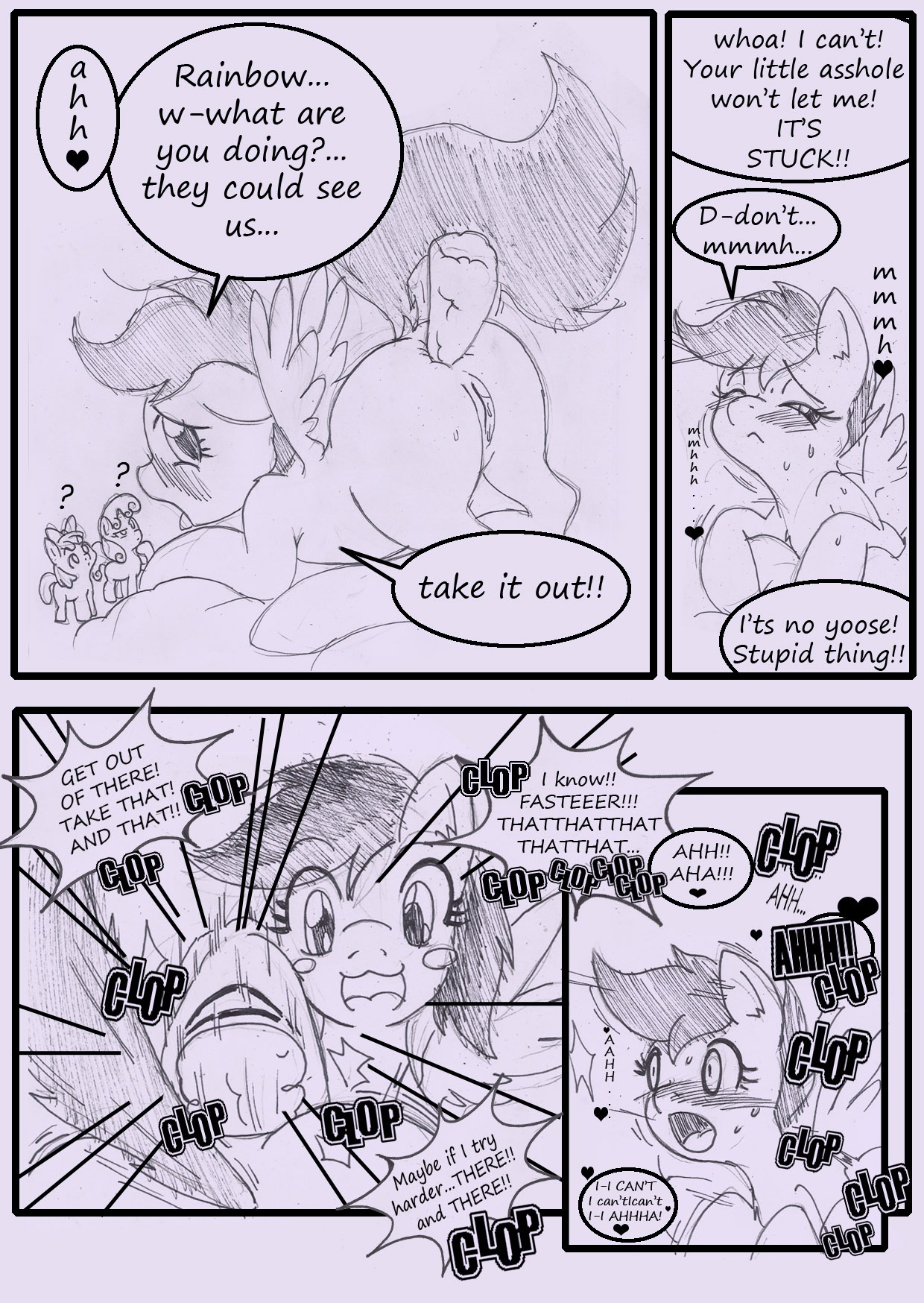 2013 accessory anal anal_penetration anibaruthecat anus apple_bloom_(mlp) black_and_white blush bodily_fluids bow_(feature) bow_accessory bow_ribbon butt comic cutie_mark_crusaders_(mlp) dialogue dildo e621 earth_pony english_text equid equine escaping_text feathered_wings feathers female feral friendship_is_magic genitals group hair hair_accessory hair_bow hair_ribbon hasbro heart_after_text heart_symbol hearts_around_body hearts_around_head hi_res horn horse mammal monochrome my_little_pony mythological_creature mythological_equine mythology onomatopoeia open_mouth outside pegasus penetration pointy_speech_bubble pony profanity rainbow_dash_(mlp) repeated_text ribbons scootaloo_(mlp) sex_toy sketch sound_effects speech_bubble stuttering sweat sweetie_belle_(mlp) text text_with_heart traditional_media_(artwork) unicorn vulva wings young young_feral