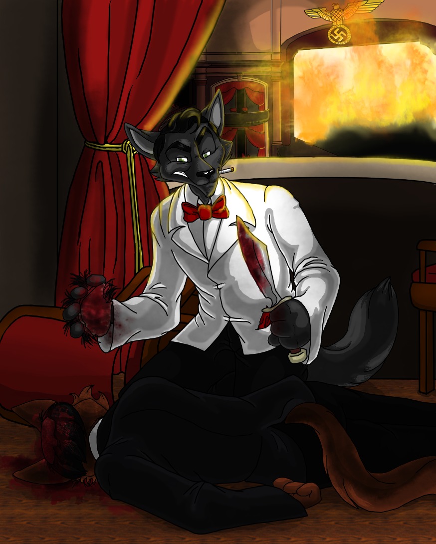 accessory action_scene blood bodily_fluids canid canine canis cigarette clothing death duo e621 gore knife male mammal nazi necktie smoking snapcat456 suit tail wolf