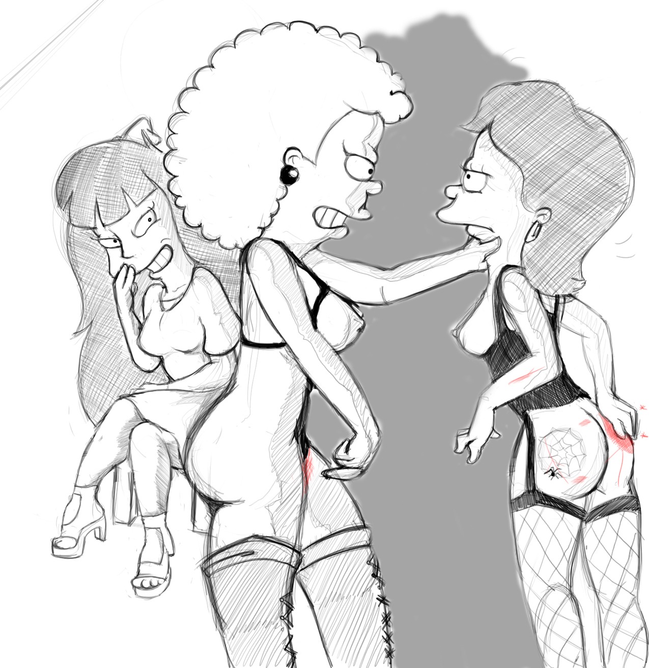 20th_century_studios accurate_art_style ass beavis breasts clothes color female female_only francine_rhenquist gina_vendetti jessica_lovejoy multiple_females nipples partially_colored rule34 sitting sketch standing tagme the_simpsons yuri