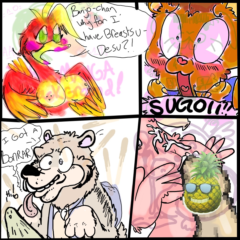1boy 3girls anthro banjo banjo-kazooie banjo_(banjo-kazooie) bear breasts breegull color female furry interspecies kazooie male multiple_females rareware rule34 toony