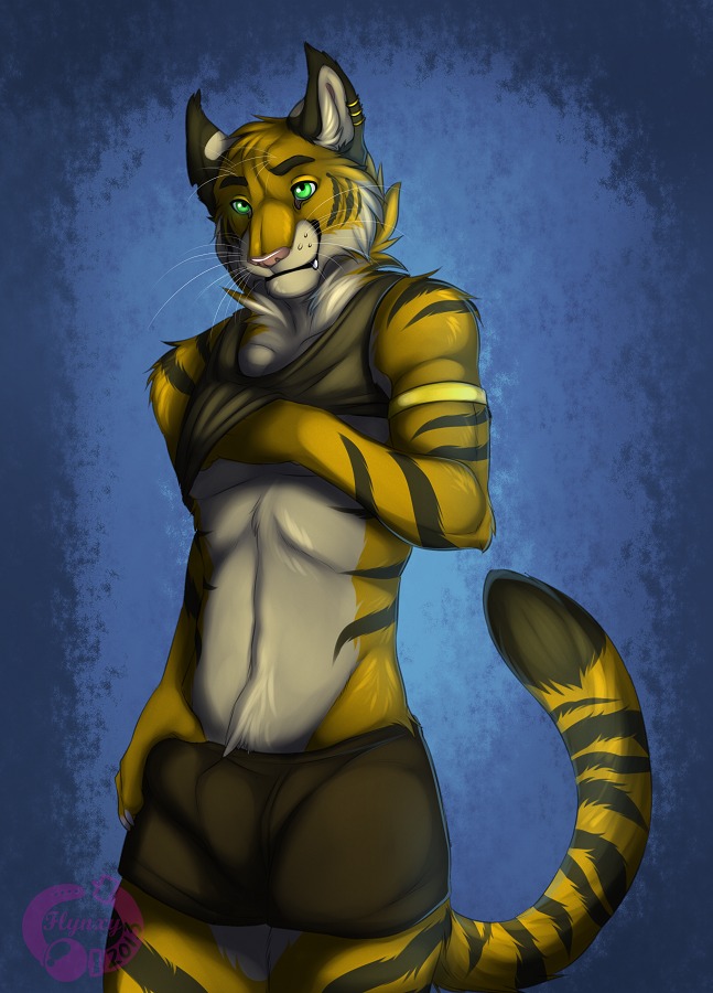 2013 anthro bottomwear bulge clothing e621 ear_piercing eyebrows felid flynx-flink fur green_eyes letigre looking_at_viewer male mammal pantherine piercing pink_nose shirt shorts smile solo stripes tail tank_top tiger topwear tuft whiskers white_body white_fur yellow_body yellow_fur