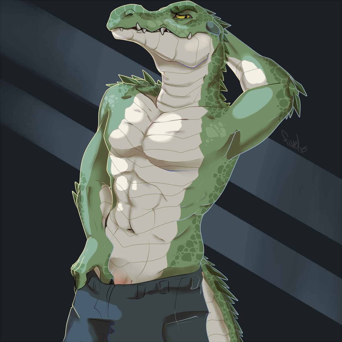 1:1 2013 abs abstract_background alligator alligatorid anthro athletic biceps biped blue_background bottomwear bottomwear_down clothed clothing crocodilian digital_media_(artwork) e621 fangs fivel flaccid flexing front_view genitals green_body green_skin grey_body grey_skin hand_behind_head hi_res horn male muscular muscular_anthro navel no_underwear pants pants_down partially_clothed pecs penis penis_base pinup pose reptile scales scalie seductive simple_background solo standing teeth topless undressing yellow_eyes