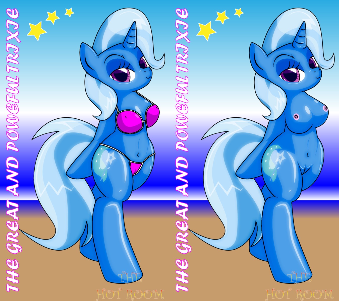 anthro anthrofied beach bikini biped blue_body blue_fur breasts camel_toe clothed clothing cutie_mark dekomaru detailed_background e621 equid equine eyeshadow female friendship_is_magic fur genitals hair hasbro hi_res horn humanoid_genitalia humanoid_vulva looking_at_viewer makeup mammal multicolored_hair my_little_pony mythological_creature mythological_equine mythology navel nipples nude off/on outside pose purple_eyes sand sea seaside skimpy sky smile solo standing star swimwear text trixie_(mlp) two-piece_swimsuit two_tone_hair unicorn vulva water wide_hips