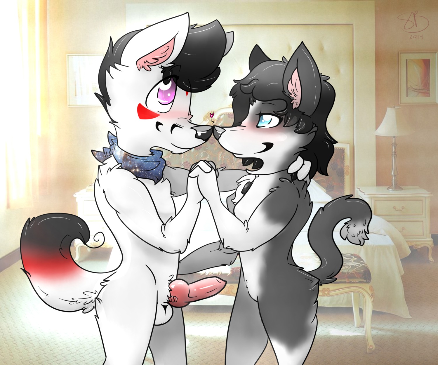 2014 6:5 absurd_res anthro backsash balls black_hair black_nose blue_eyes blush breasts canid canine canis chelsea_chamberlain clothing domestic_dog duo e621 electronics erection female fur fuzzywuff genitals hair heart_symbol hi_res karelian_bear_dog kerchief knot long_hair male male/female mammal multicolored_hair nude penis pink_eyes romantic romantic_couple sash_(backsash) smile spitz standing usb usb_necklace white_body white_fur