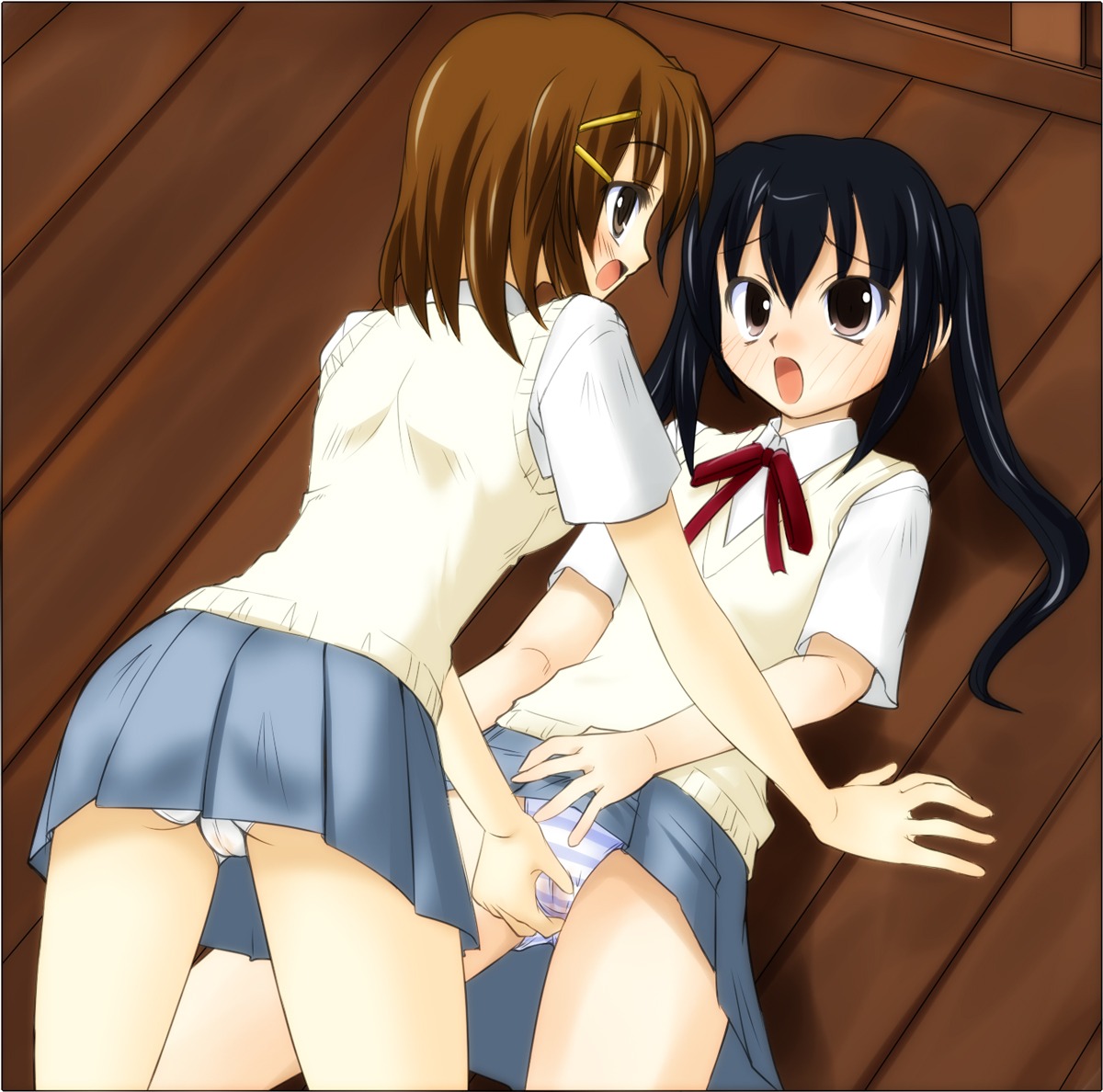 2girls azusa_nakano_(k-on!) black_eyes black_hair brown_hair cameltoe error female female_only fingering flat_chest fully_clothed human human_only k-on! multiple_females multiple_girls mutual_fingering mutual_masturbation on_floor panties pussy rule34 school_uniform striped striped_panties underwear upskirt wet_panties white_panties yui_hirasawa_(k-on!) yuri