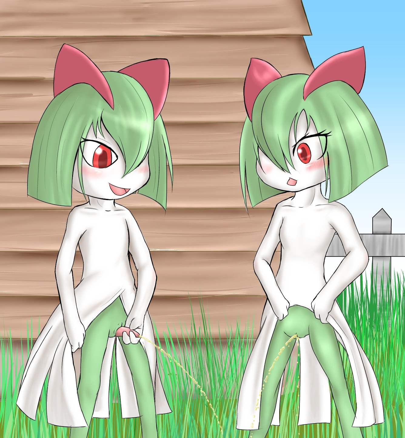 blush bodily_fluids building duo e621 erection female fence fid generation_3_pokemon genital_fluids genitals grass green_body green_hair hair hi_res holding_penis humanoid kirlia male nintendo not_furry open_mouth outside peeing peeing_together peeing_while_erect penis pink_penis plant pokemon pokemon_(species) red_eyes sky standing urine urine_stream vulva white_body wood