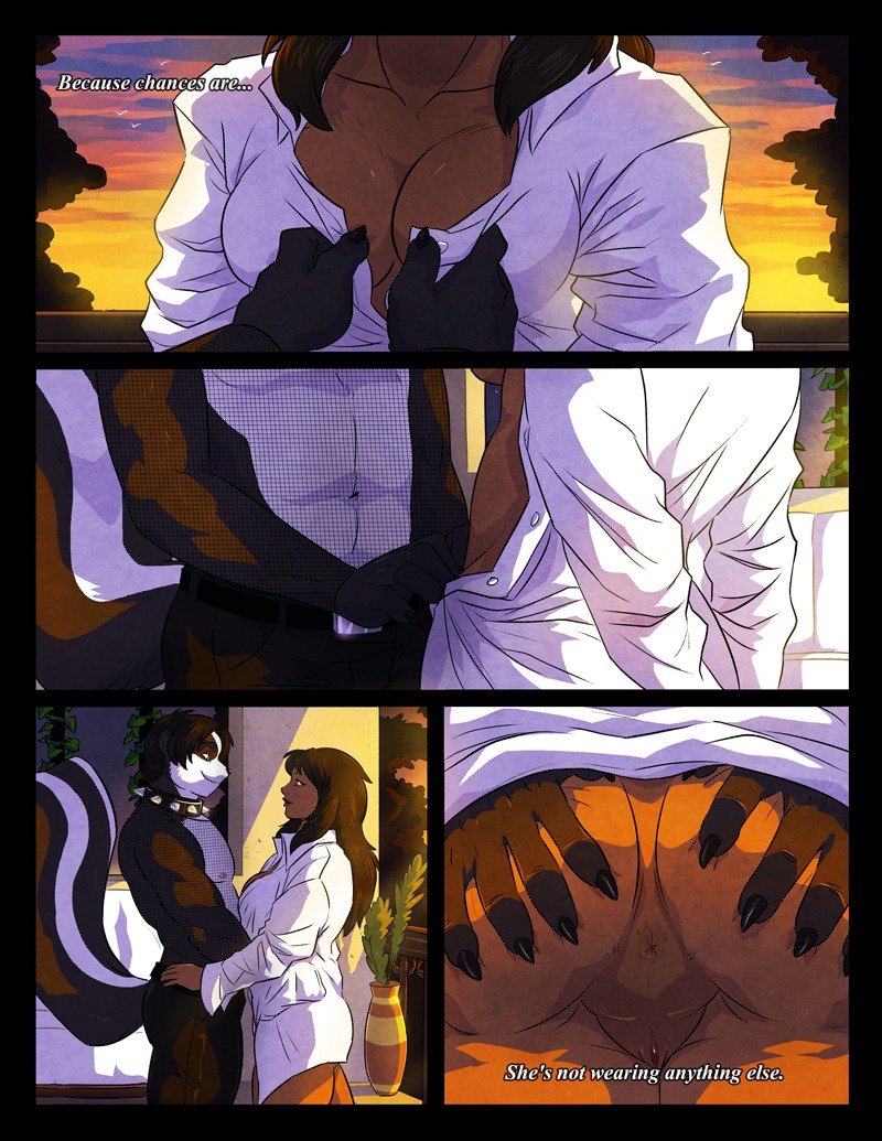 2014 anthro anus bottomless clothed clothing collar comic detailed_background duo e621 english_text eye_contact female female_on_anthro genitals grope human human_on_anthro ian_(gothicskunk) inside interspecies looking_at_another male male/female male_on_human mammal markings mephitid multiple_scenes partially_clothed romantic romantic_couple skunk smile spiked_collar spikes striped_markings striped_tail stripes tail tail_markings text tj_(gothicskunk) vulva wfa