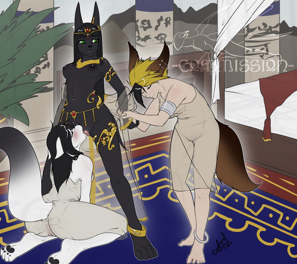 2011 animal_humanoid anklet anthro anubian_jackal armband bed bedroom bent_over blush breasts butt canid canine canis clothing cunnilingus dominant dominant_female e621 ear_piercing egyptian erunroe eyes_closed female female/female furniture genitals green_eyes group humanoid industrial_piercing inside jackal jewelry kneeling mammal navel navel_piercing nipples nude oral pawpads piercing raised_tail rear_view royalty sex smile tail translucent translucent_clothing undressing vaginal vulva