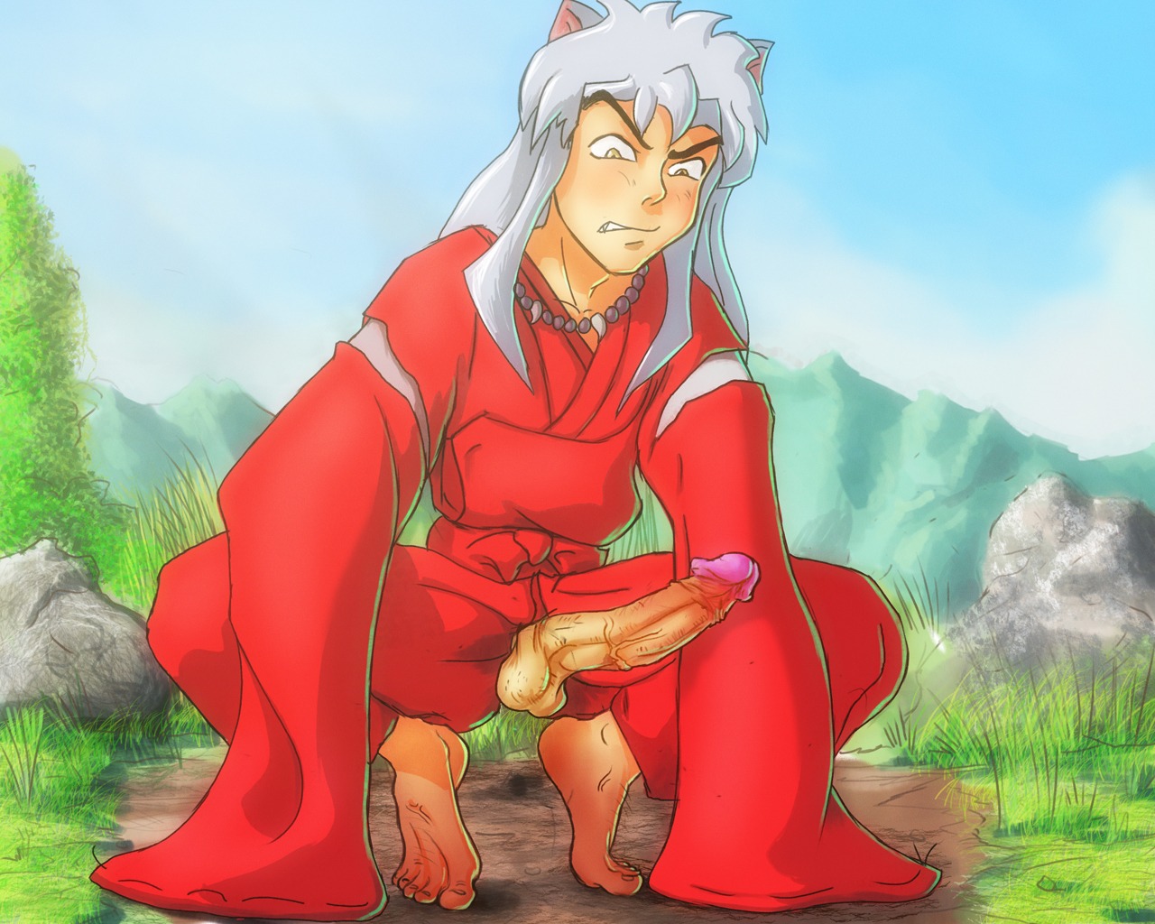 1boy anma balls barefoot feet foreskin fully_retracted_foreskin inuyasha inuyasha_(character) japanese_clothes male male_only penis retracted_foreskin rule34 solo uncensored uncircumcised yaoi