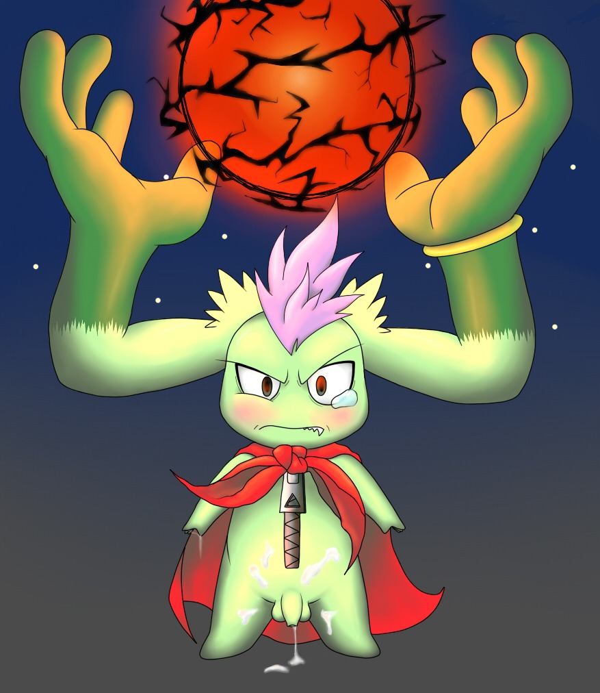 angry anthro balls blush bodily_fluids body_zipper cape chest_zipper clothing cum digital_media_(artwork) e621 ear_hands fire fireball genital_fluids genitals humanoid_genitalia humanoid_penis magic male neguchi69 penis pokota slayers slayers_revolution solo toony zipper