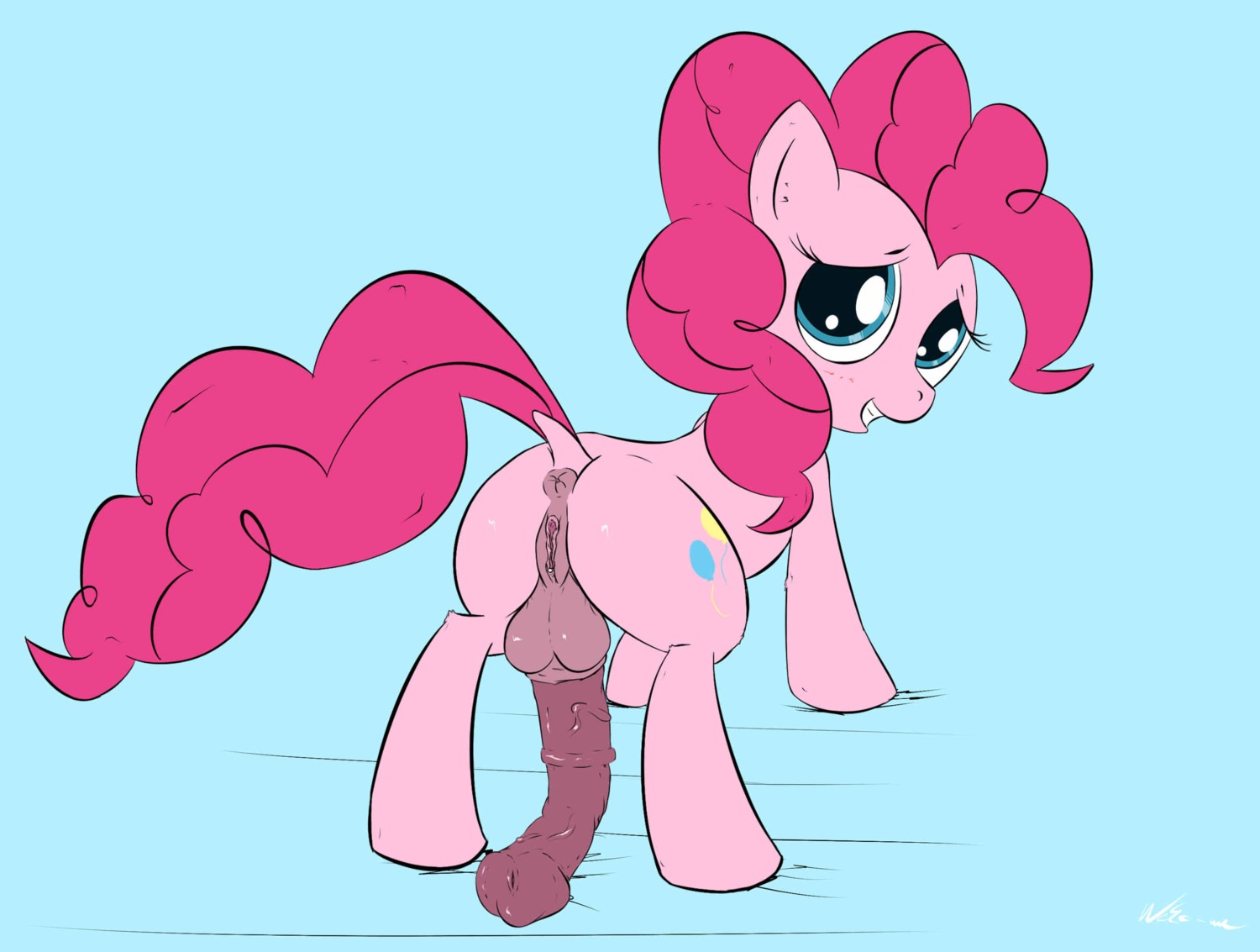 2013 anus backsack balls blue_background blue_eyes butt crossgender cutie_mark e621 earth_pony equid equine feral flaccid friendship_is_magic fur genitals hair hasbro herm herm_feral hi_res horse intersex intersex_feral mammal my_little_pony neko-me penis pink_body pink_fur pink_hair pinkie_pie_(mlp) pony simple_background smile solo vulva