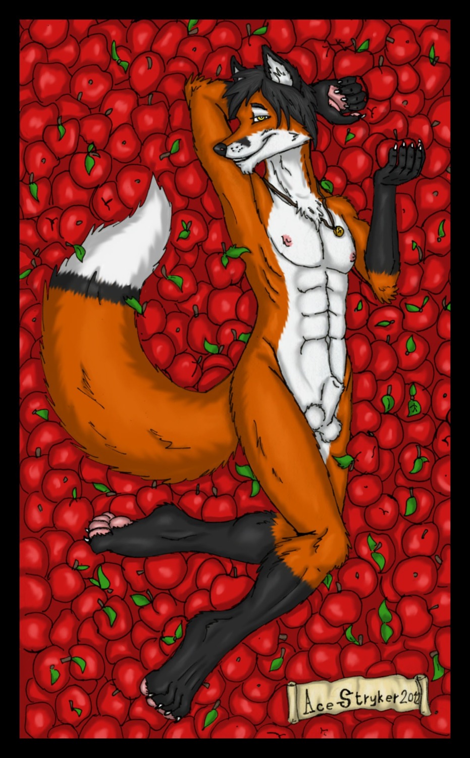 2013 abs ace_stryker animal_genitalia anthro apple balls biceps biped black_hair canid canine claws dipstick_tail e621 food fox fruit fully_sheathed genitals hair hi_res jewelry looking_at_viewer lying male mammal markings muscular muscular_anthro muscular_male nipples nude pendant plant pose sheath smile solo tail tail_markings yellow_eyes