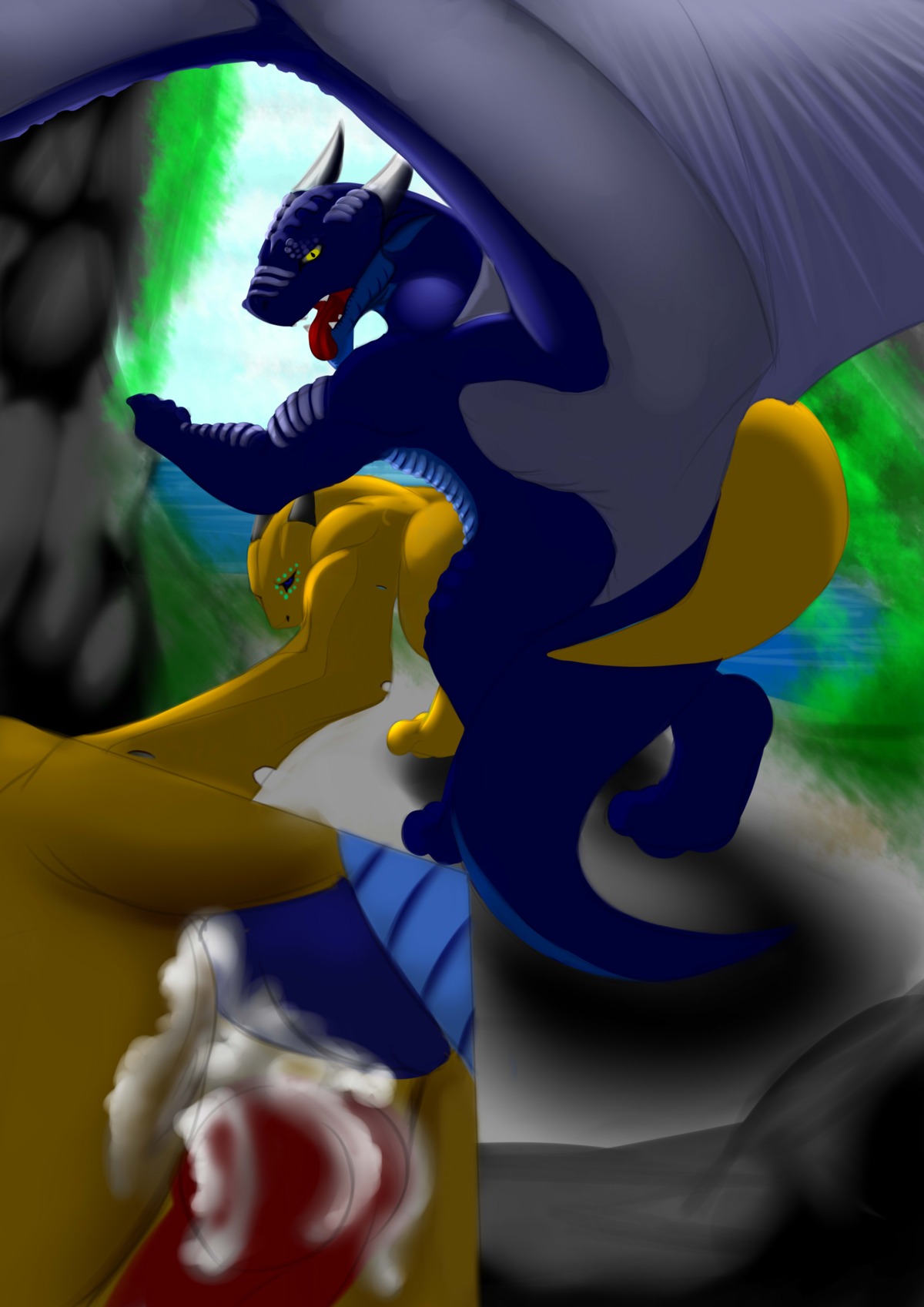 absurd_res anal anal_penetration bodily_fluids cum cum_inside dragon duo e621 erection feral genital_fluids genitals hi_res island looking_at_viewer looking_back male male/male male_penetrated male_penetrating male_penetrating_male master/pet membrane_(anatomy) membranous_wings mythological_creature mythological_scalie mythology nude open_mouth outside penetration penis scalie sex skyeder0 spread_wings tail teeth tongue tongue_out wings