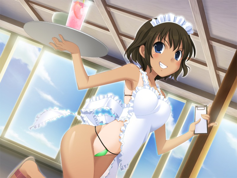 apron bikini blue_eyes blue_sky blush breasts brown_hair cleavage clothes cloud clouds drink drinks eyewear female female_only game_cg glasses human indoors koi_to_mizugi_to_taiyo_to large_breasts outdoors plate pose pov restaurant room rule34 short_hair sideboob sky solo source_request sunlight sunshine swimsuit tan_lines two_piece_swimsuit waitress