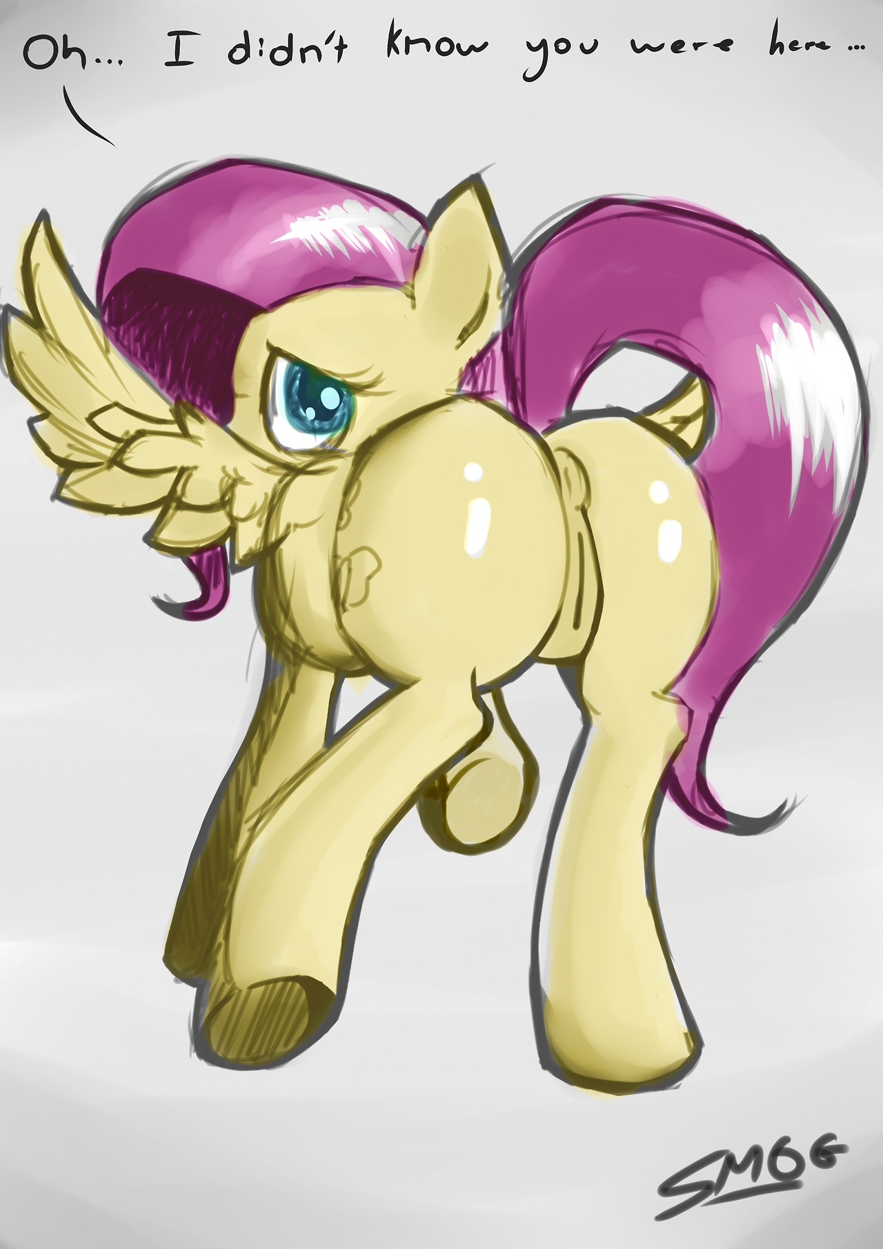 anus blue_eyes butt cutie_mark e621 english_text equid equine feathered_wings feathers female feral fluttershy_(mlp) friendship_is_magic genitals hair hasbro hi_res mammal my_little_pony mythological_creature mythological_equine mythology pegasus pink_hair quadruped smogyday solo tail text vulva wings yellow_body yellow_feathers