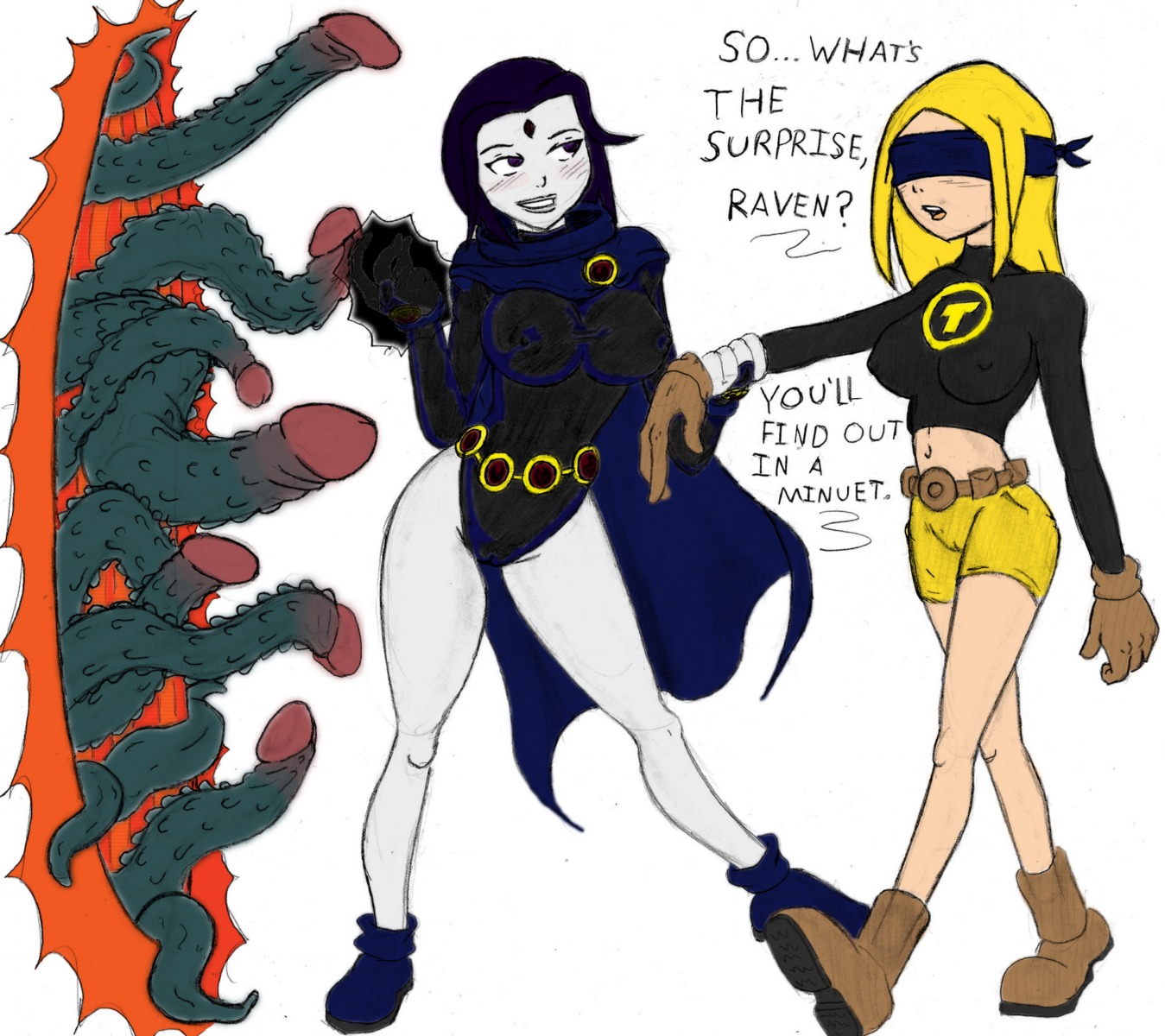 2girls belt big_breasts blindfold breasts cartoon_network clothing dc dc_comics english_text female footwear handwear human imminent_rape male monster multiple_females multiple_girls outerwear pale_skin penis penis_tentacles rachel_roth rape raven_(dc) rule34 slashysmiley straight_hair teen_titans tentacles terra terra_(dc) text toonami