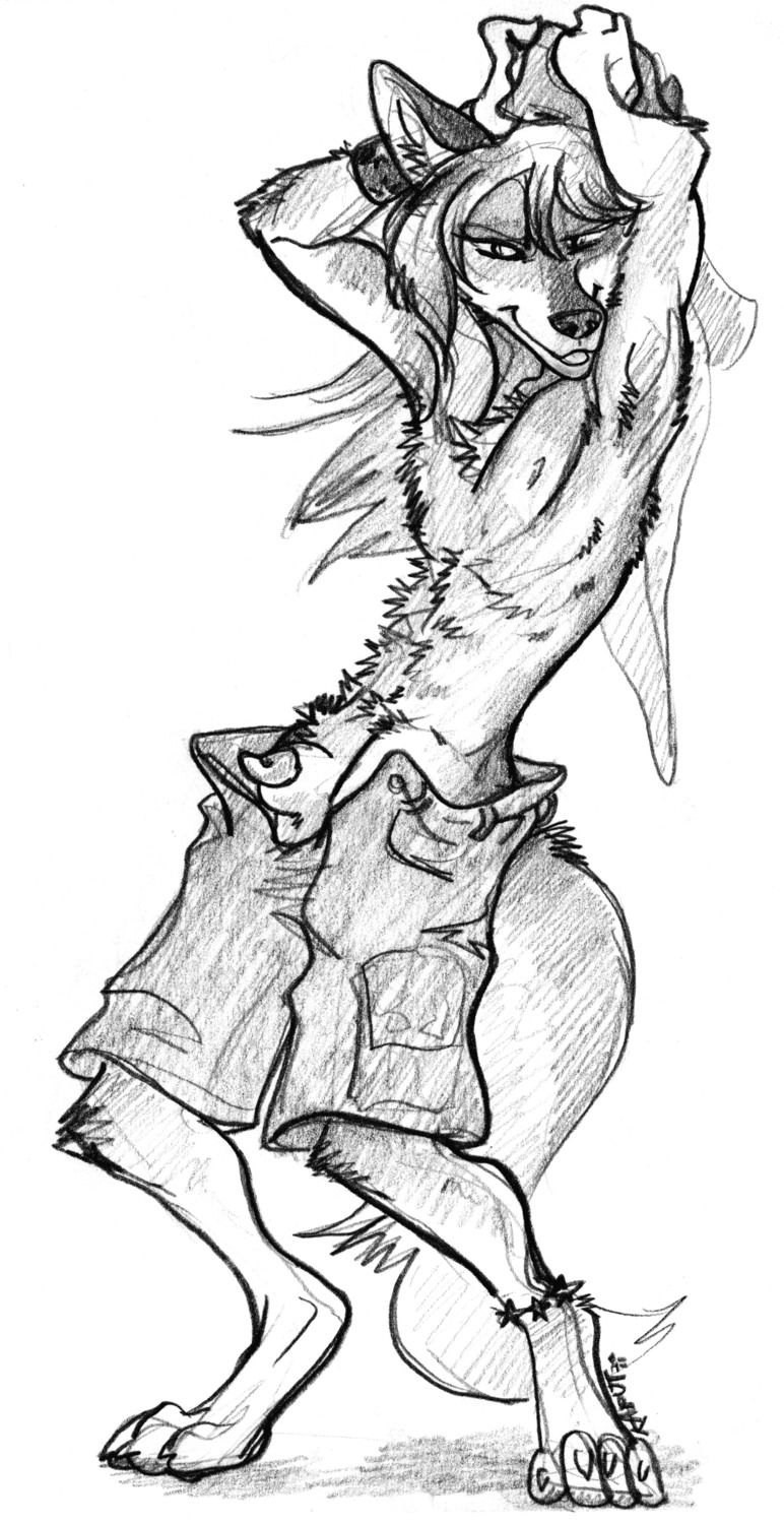 1boy 2011 anklet anthro armband arms_above_head canine fur furry hi_res kaputotter male male_only penis rave rule34 sangie sheath shorts sketch solo toboe topless wardrobe_malfunction wolf