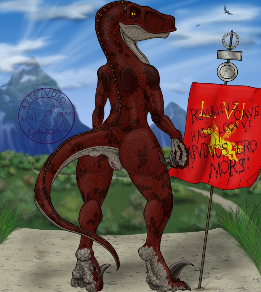 anthro back_view dinosaur dr_nowak female looking_at_viewer looking_back pussy roman_battle_standard rule34 scales scalie sickle_claws tail visigoth warrior