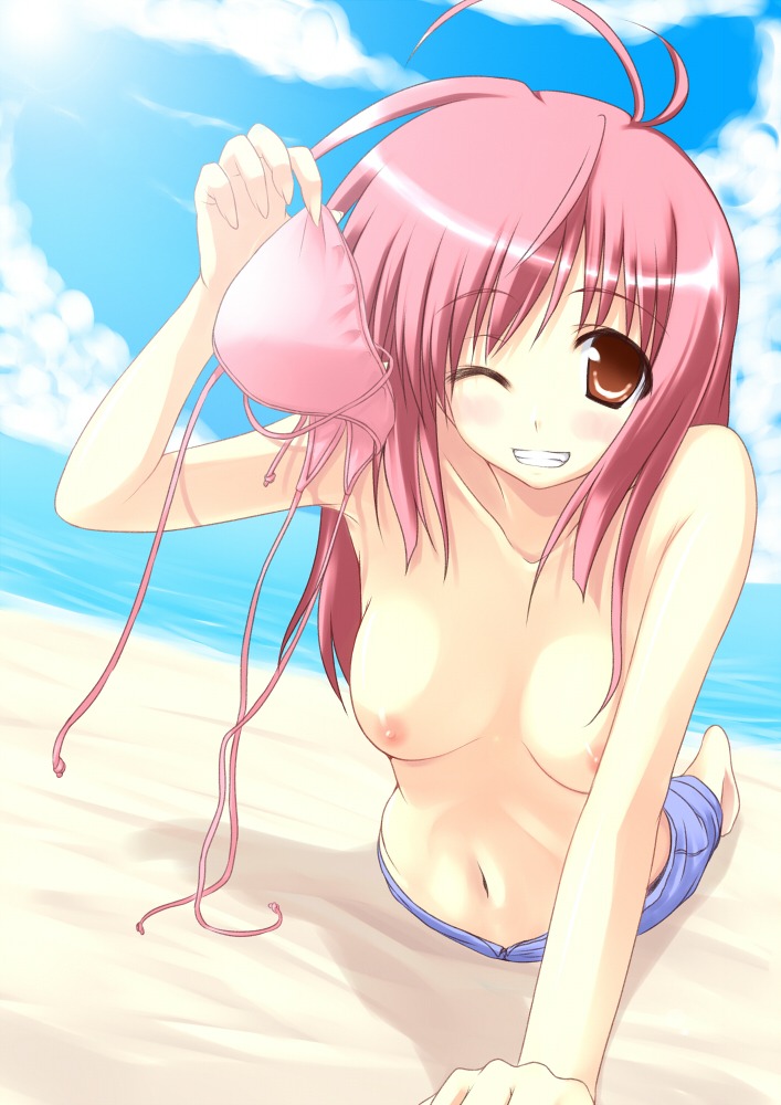 1girls arm_support barefoot beach blush breasts brown_eyes female long_hair lying midriff navel nipples nirap on_stomach original pink_hair rule34 sky smile solo topless water wink