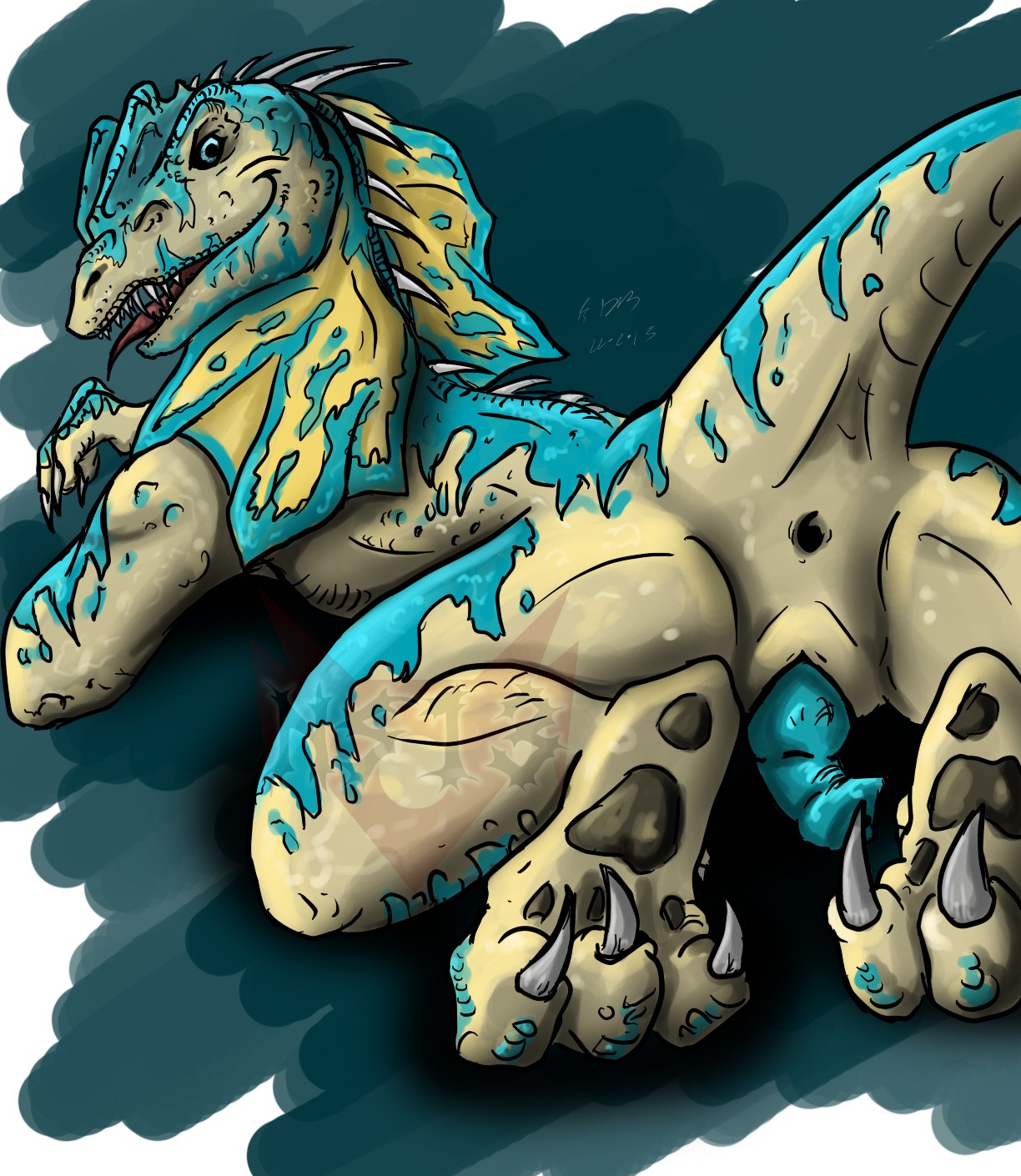 2013 animal_genitalia anthro anus biped blue_body blue_penis blue_skin butt claws dilophosaurid dilophosaurus dinosaur distracting_watermark e621 erection genital_slit genitals grey_body grey_skin hi_res looking_at_viewer looking_back lying male nude on_ground open_mouth pawpads paws penis prehistoric_species presenting presenting_hindquarters reptile saurischian scalie sharp_teeth simple_background solo spikes tail teal_background teeth theropod tongue tongue_out unknown_artist watermark white_background yellow_body yellow_skin