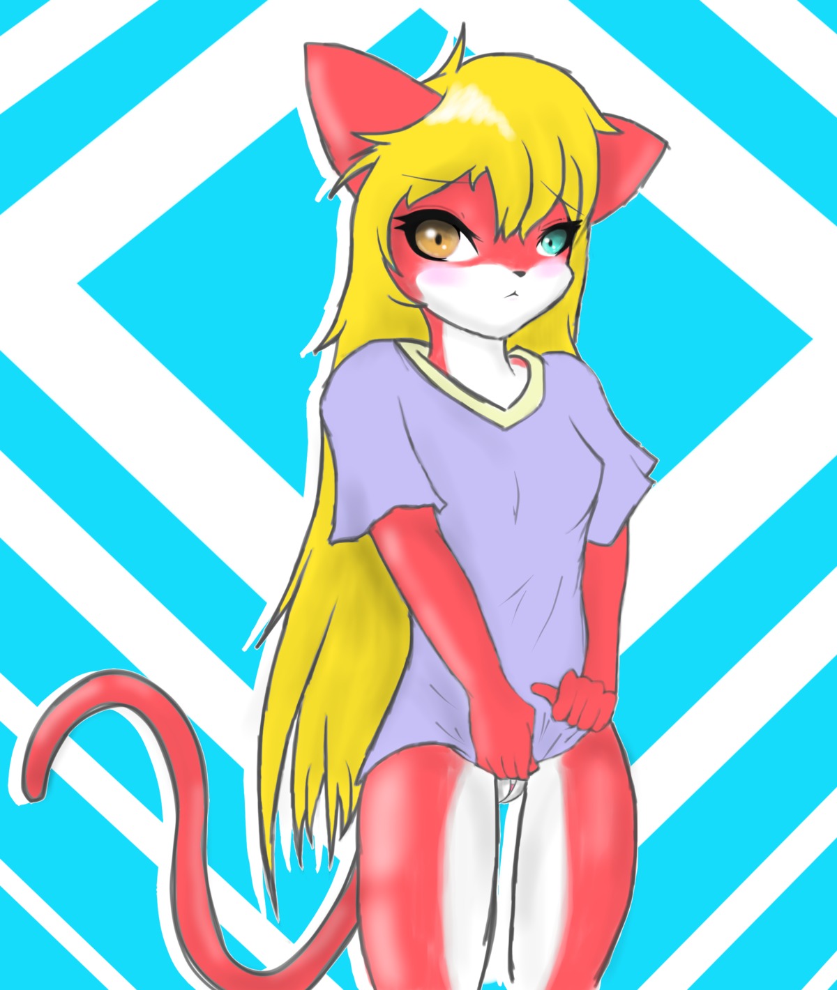 2013 9air absurd_res anthro biped blush bottomless breasts clothed clothing domestic_cat e621 felid feline felis female genitals hair heterochromia hi_res long_hair looking_at_viewer mammal solo standing vulva