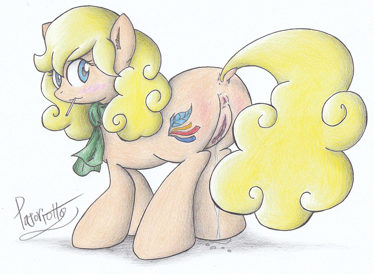 anus blonde_hair blue_eyes bodily_fluids cutie_mark e621 earth_pony equid equine fan_character female fur genital_fluids genitals hair hasbro horse looking_at_viewer mammal my_little_pony patoriotto pony simple_background solo vaginal_fluids vulva white_background