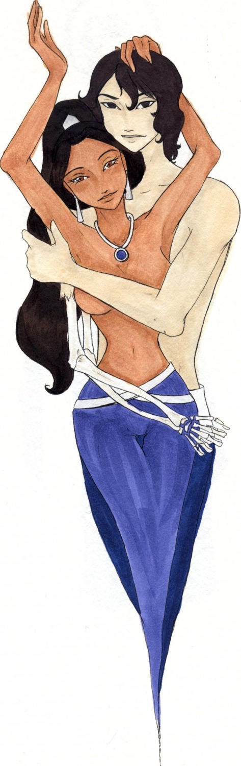 1boy 1girls aladdin arabian_clothes disney disney_princess djinn female female_focus genie genie_girl genie_tail harem_outfit human male male_focus mozenrath pointy_chin princess_jasmine rule34