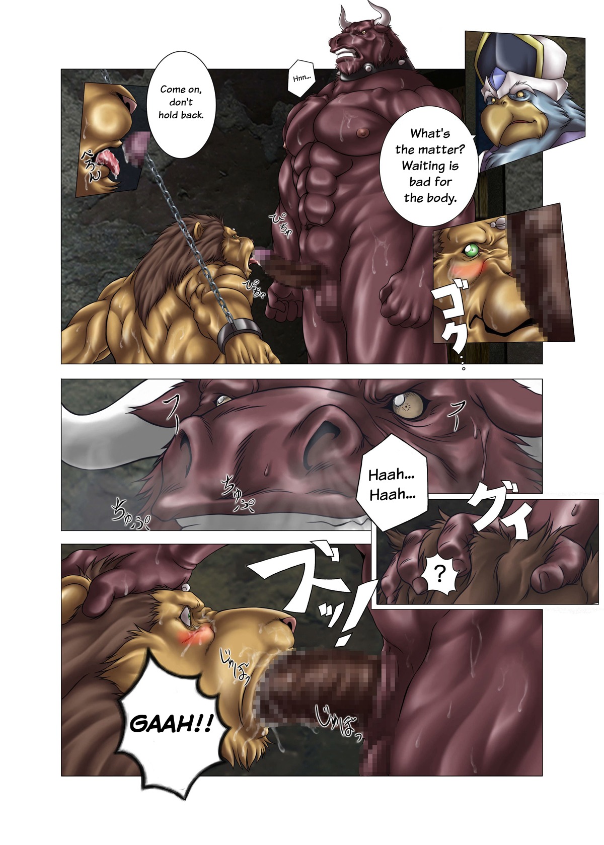 anthro avian bdsm biceps big_muscles bird blush bodily_fluids bomb_(artist) bondage bound bovid bovine cattle censored chain comic dialogue dominant dominant_male duo_focus e621 english_text erection felid fellatio forced genitals green_eyes group hi_res horn interspecies japanese_text king's_play licking lion male male/male male_penetrated male_penetrating male_penetrating_male mammal mind_control mosaic_censorship multiple_scenes muscular muscular_male nude oral oral_penetration pantherine penetration penile penis penis_lick rape sex submissive submissive_male sweat text tongue tongue_out translated