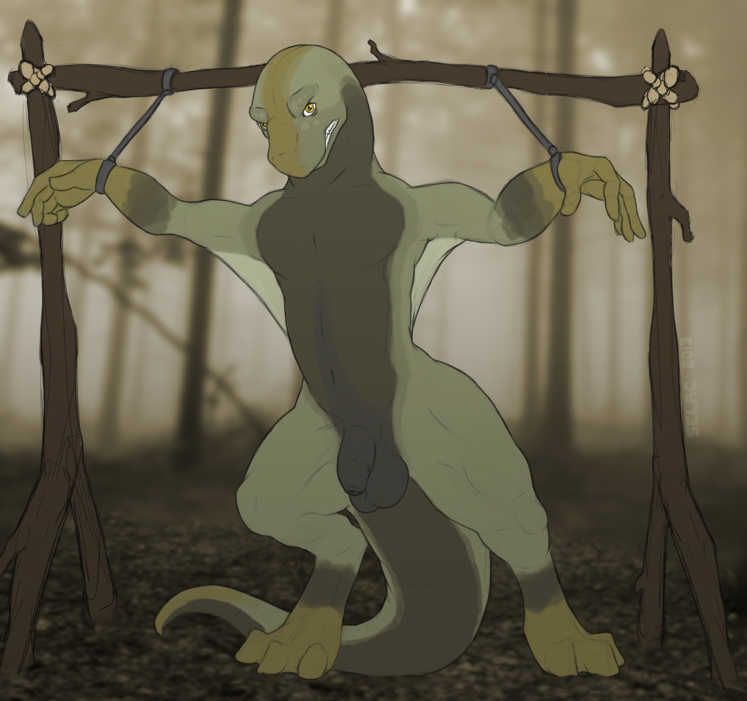 2013 absurd_res angry anthro balls bdsm bound cuff_(restraint) digitigrade e621 flaccid foreskin genitals handcuffs hi_res humanoid_genitalia humanoid_penis male metal_cuffs outside penis restraints rope scalie selac shackles solo stick submissive submissive_male tail thick_tail
