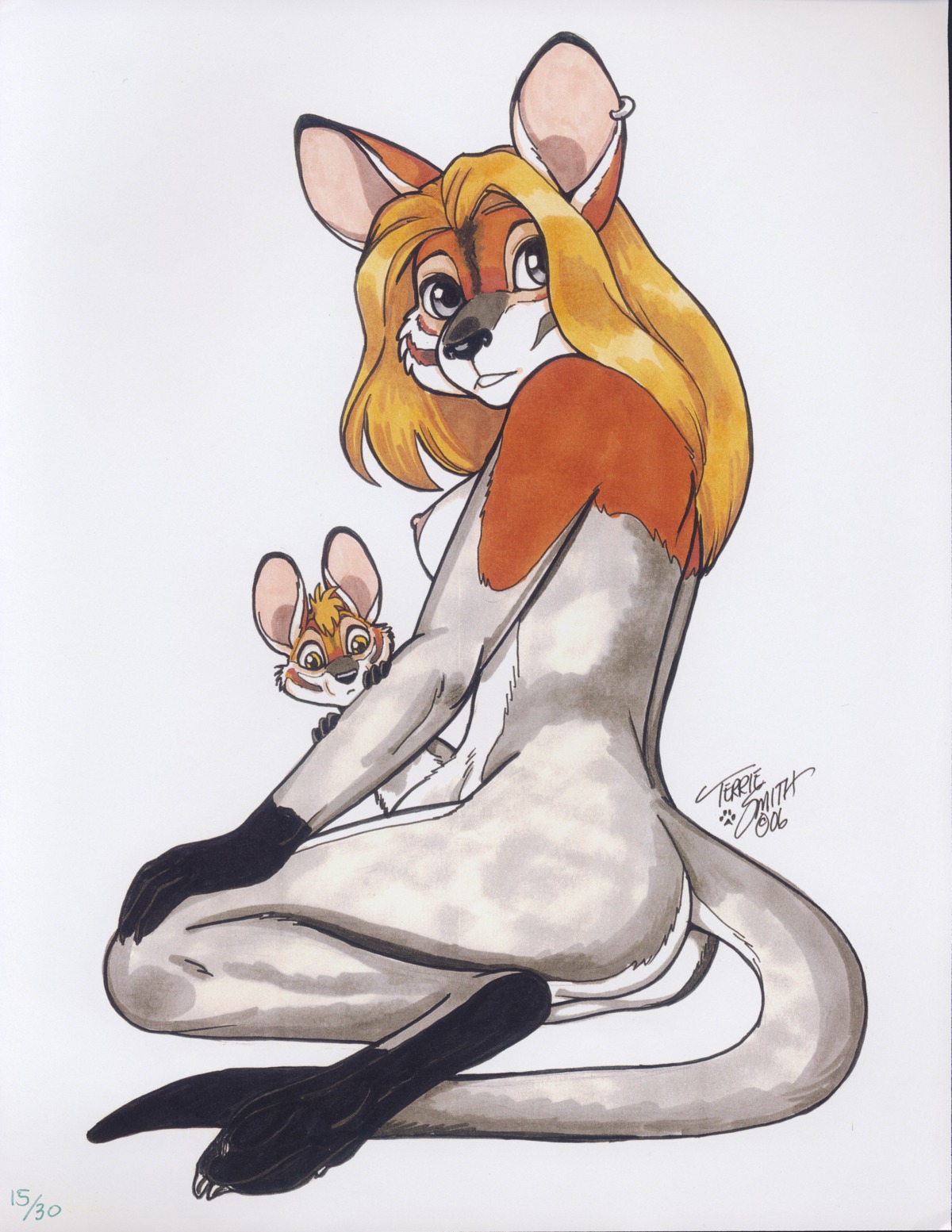 anthro ass breasts female feral furries_with_pets furry hi_res kangaroo marsupial mini_me nipples nude pet rule34 sideboob sitting terrie_smith