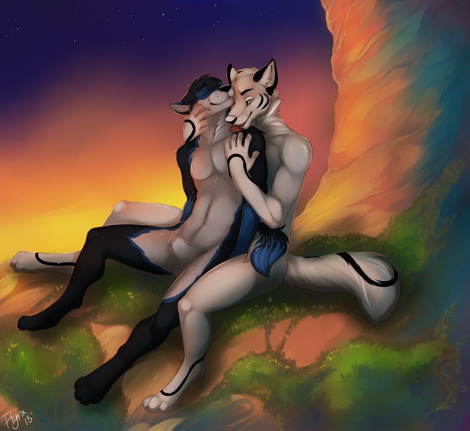animal_genitalia anthro backdraft balls black_body black_fur black_markings blue_markings canid canine canis cuddling detailed_background digital_media_(artwork) duo e621 eyes_closed face_grab flynx-flink fully_sheathed fur genitals grass green_eyes happy licking male male/male mammal markings nude outside plant romantic romantic_ambiance romantic_couple sheath sitting sky star starry_sky sunset tail tongue tongue_out vond white_body white_fur wolf